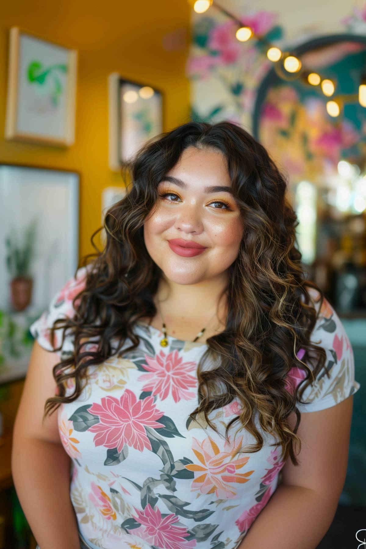 Long curly hairstyle for round face