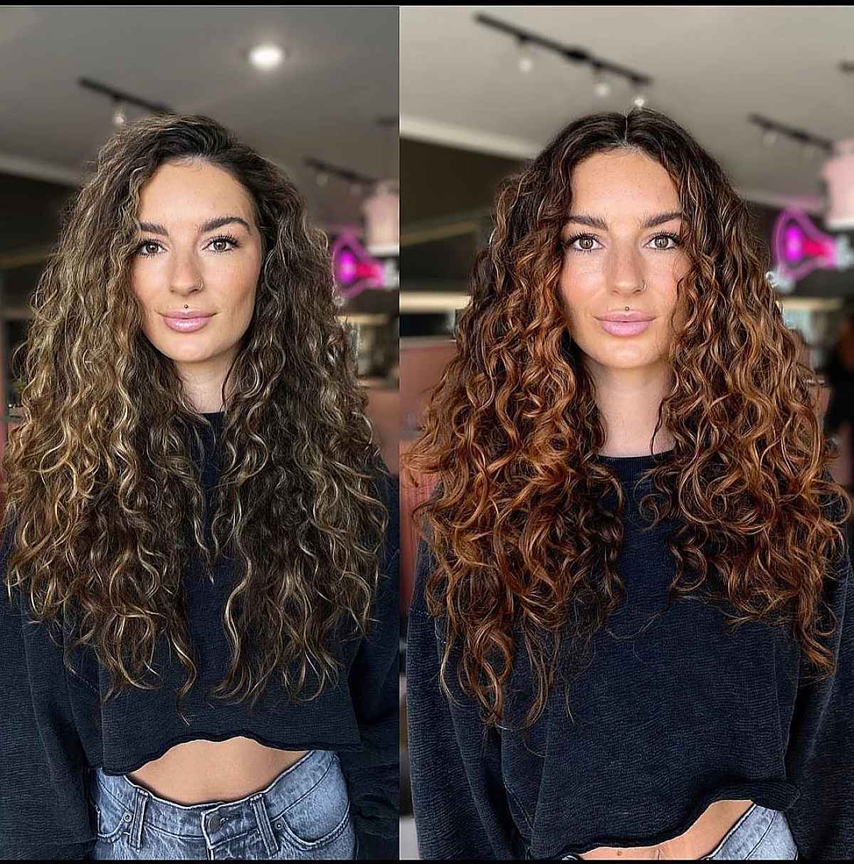 Image of Long straight cut with center part long curly hairstyle