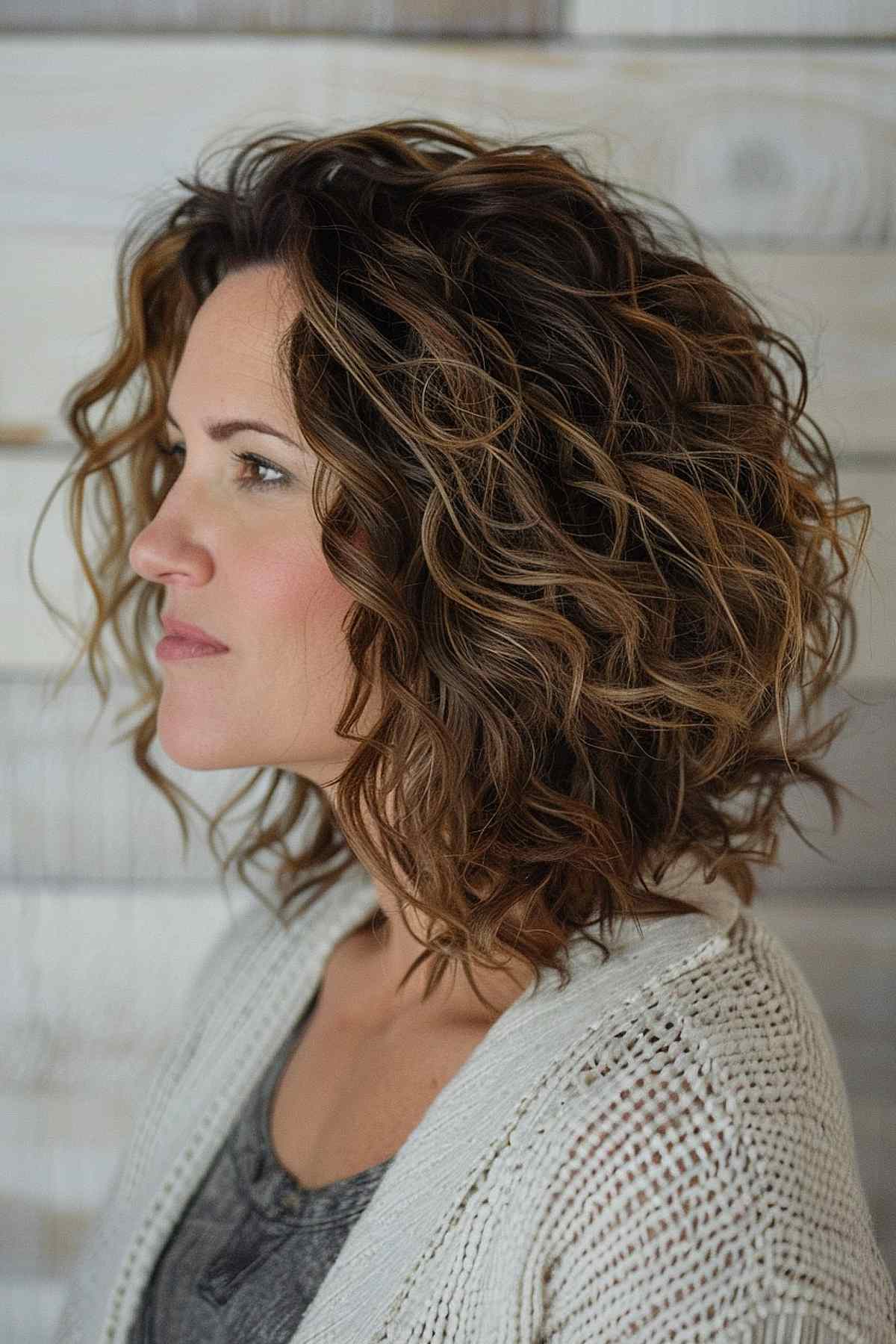 Stacked bob haircut highlighting natural curly texture with balayage" to include important context and directly tie it to the article's content