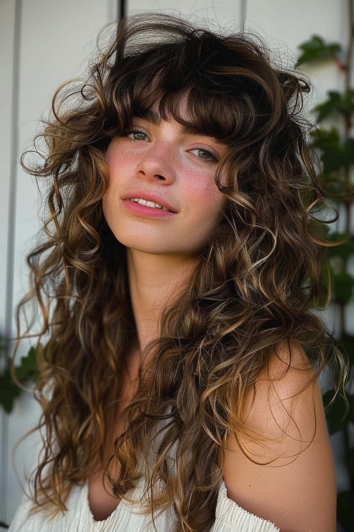 Long curly wolf haircut with voluminous layers and highlighted bangs
