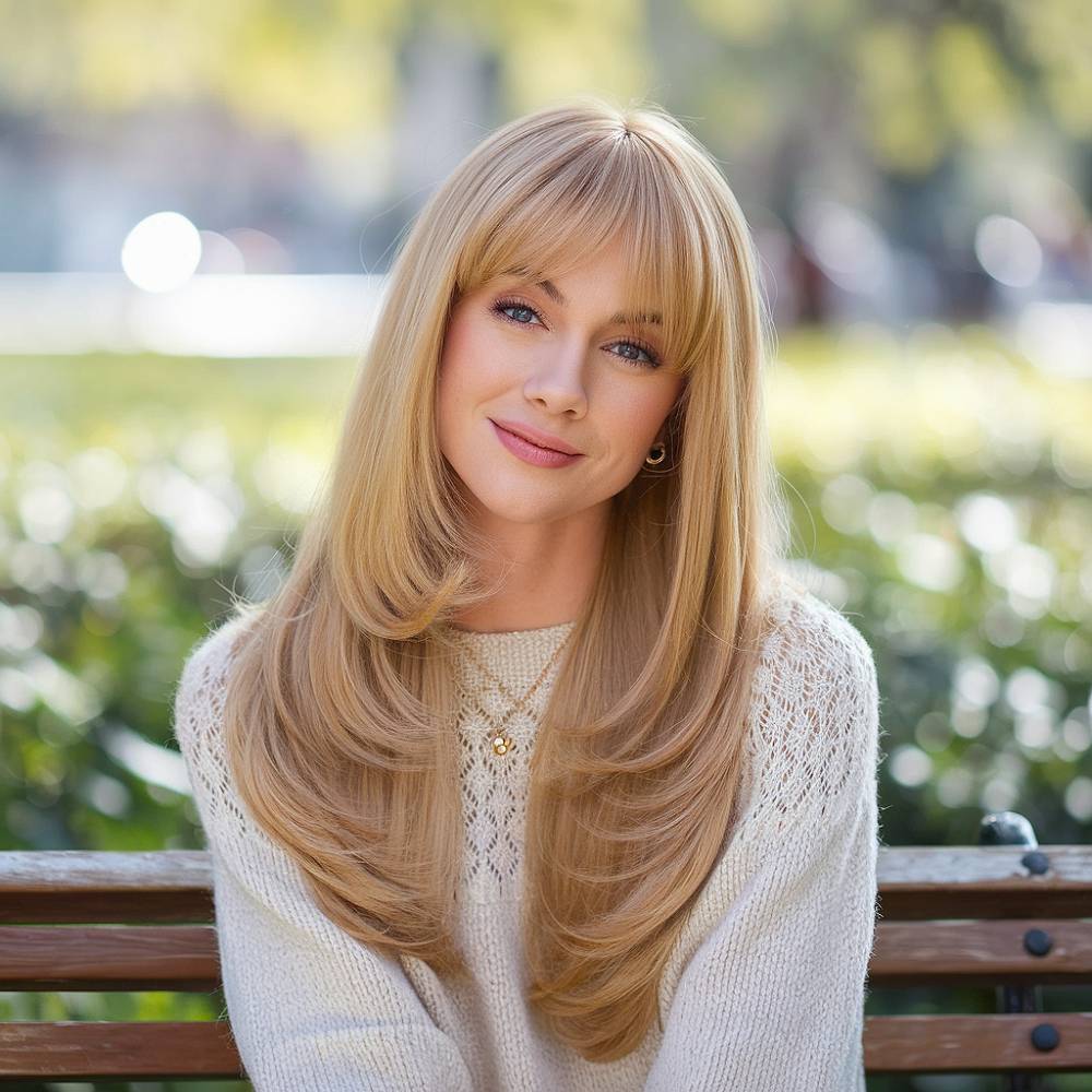 Soft, long layers with curtain bangs on fine blonde hair, styled for added volume and movement