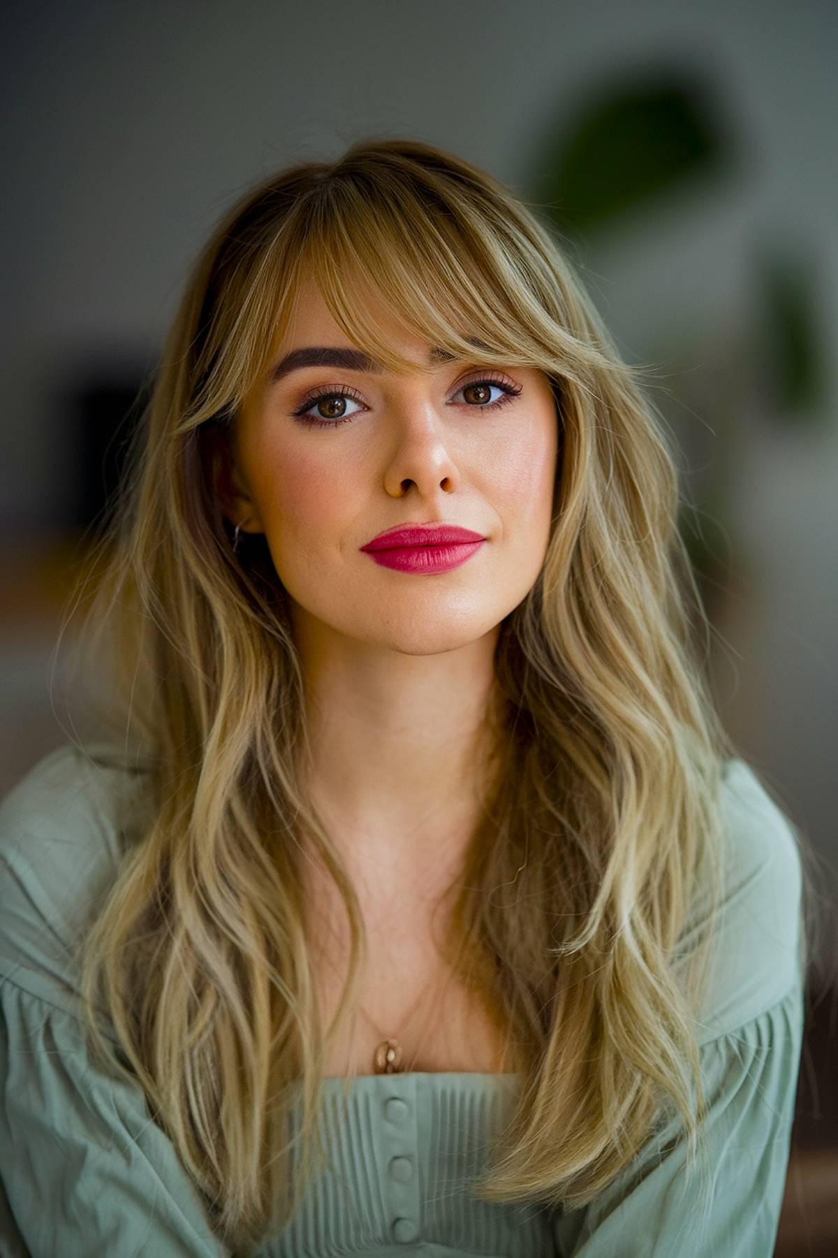 Dark blonde layered waves with sweeping bangs for a soft and sophisticated finish