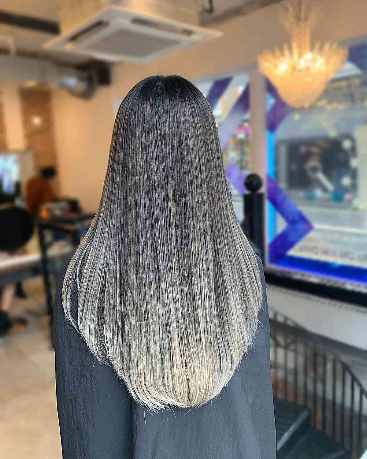 Long U-Cut Straight Dark Hair with Blonde Balayage Tips
