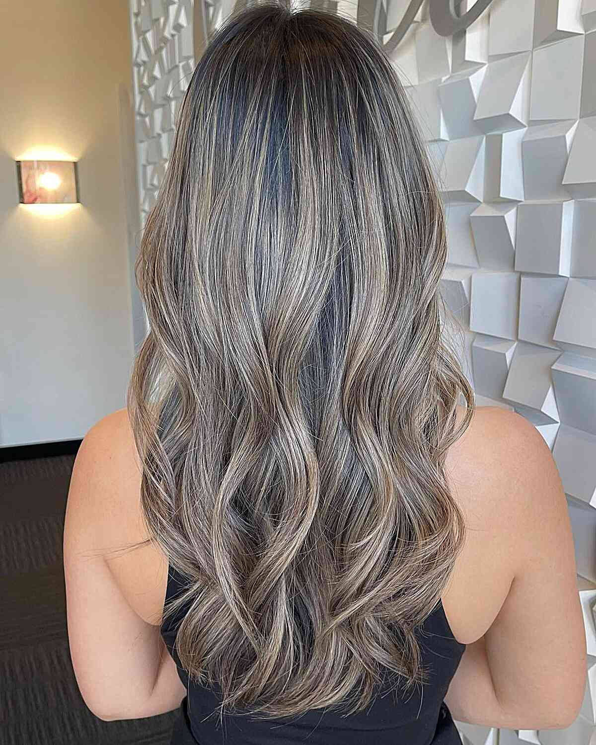Long Dark Waves with Blended Grey-Beige Blonde Balayage Highlights