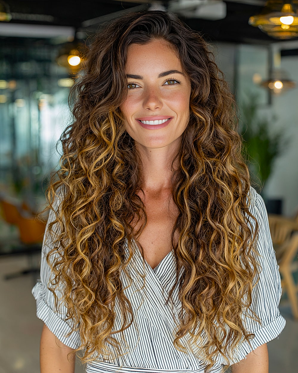 Long defined curls with honey balayage highlights and layered cut