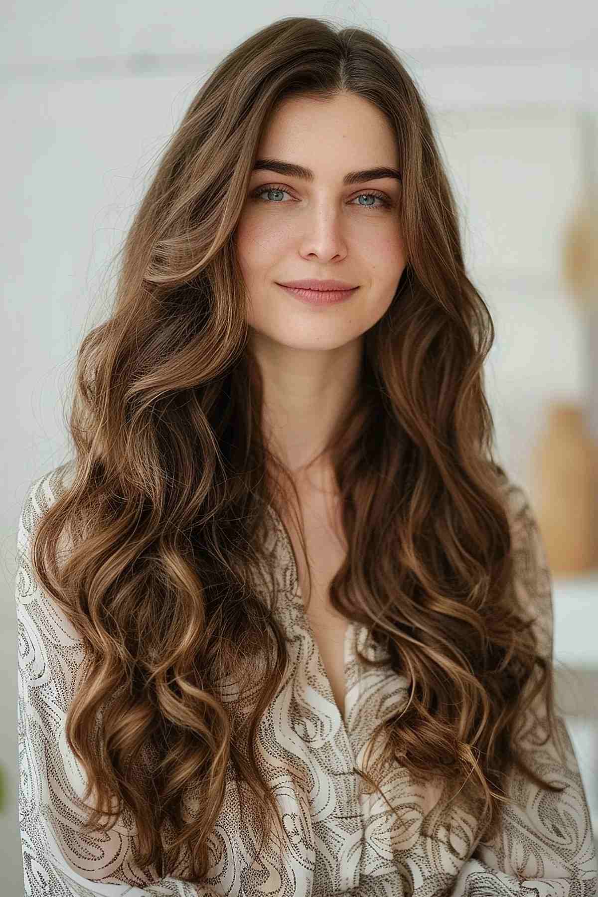 Woman with long hair styled in S-shaped curls, achieved through a perm