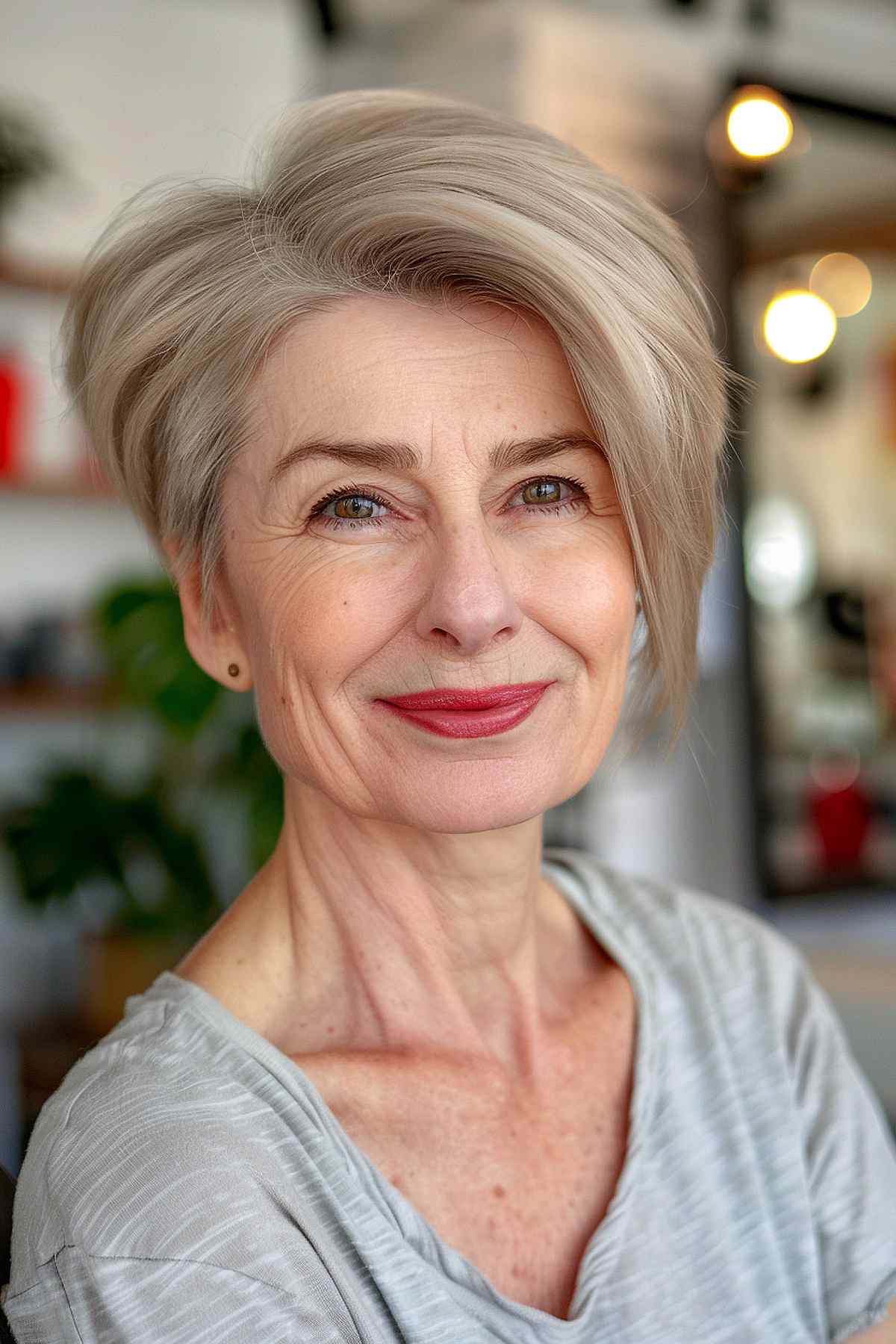 Woman with a disconnected pixie cut, longer top layers, and shorter sides