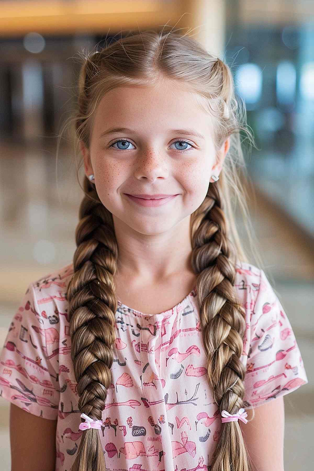 Young girl with long double braids tied with pink bows