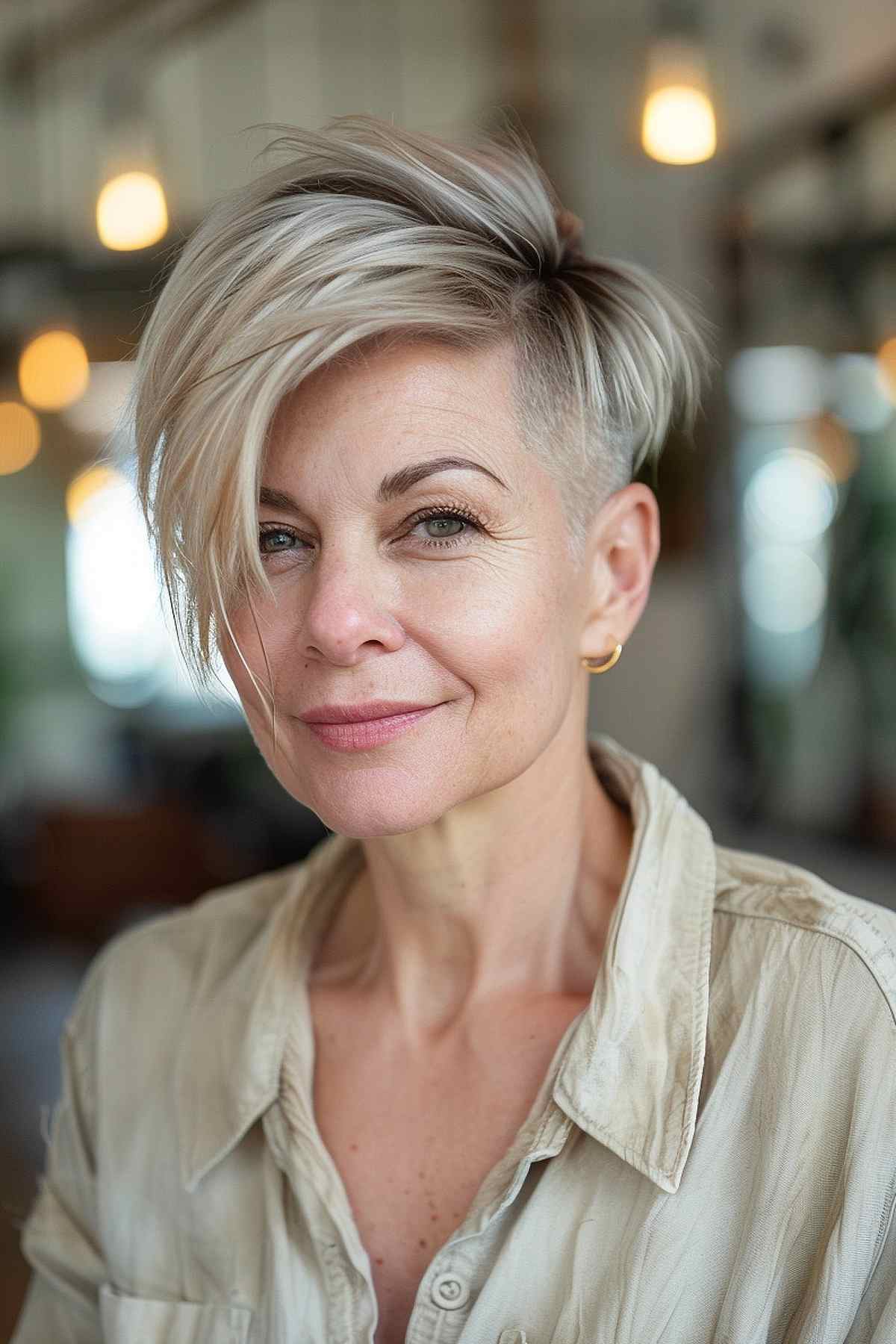 Woman with an edgy undercut pixie cut, longer top layers, and shaved sides