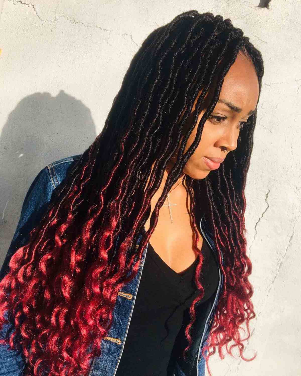 Long Faux Locs with Red Ends