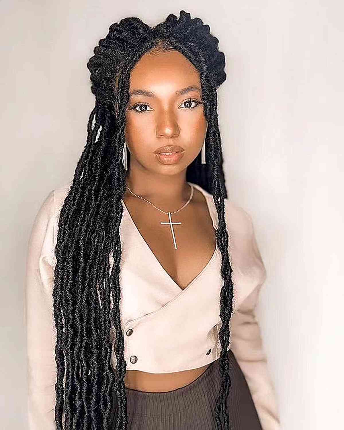 Long Faux Locs with Two Buns for Black Women