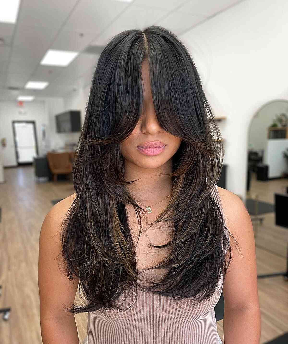 Center Part Long Feathered Cut with Long Curtain Bangs