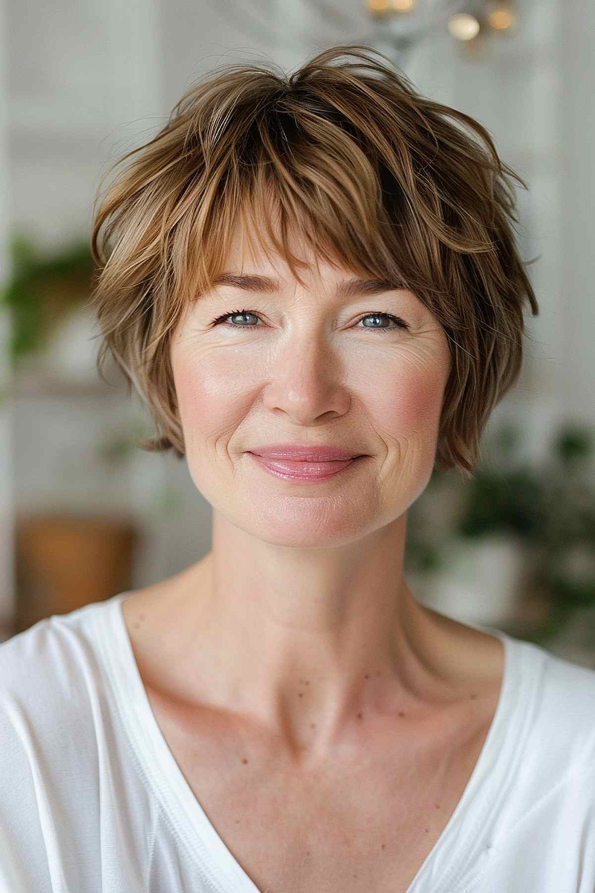 Woman with a feathered pixie haircut, soft layers, and airy look