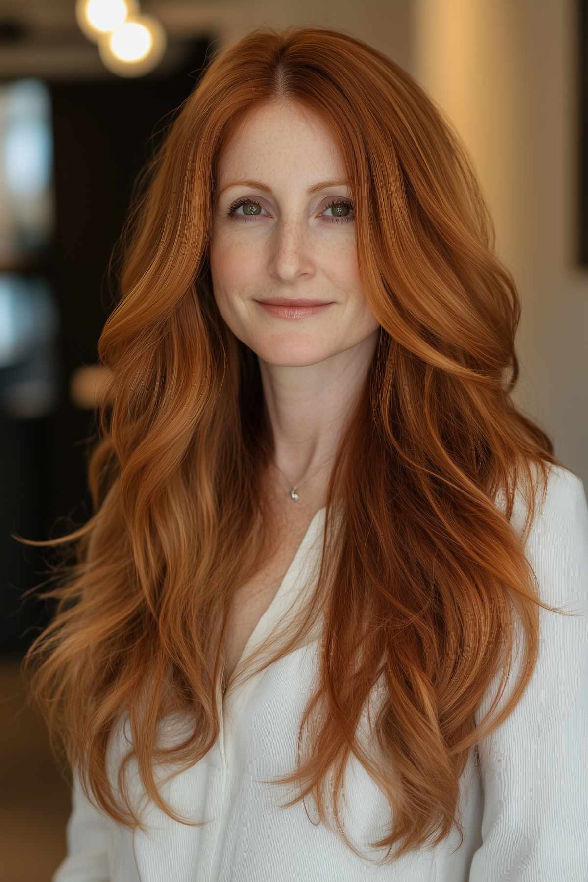 Long ginger hair with choppy texture and vibrant color for a playful look