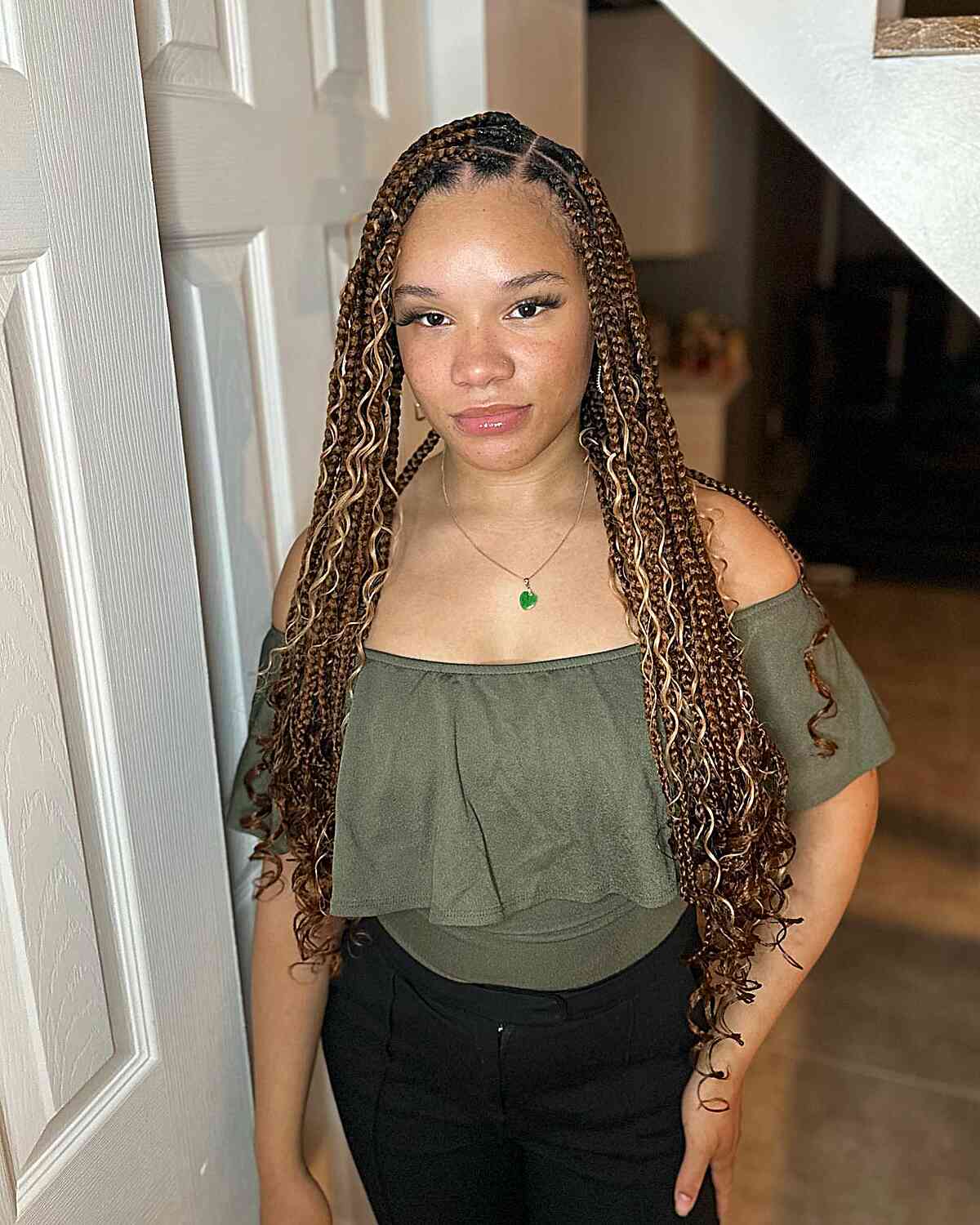 Side-Parted Long Goddess Brown Small Box Braids without Knots