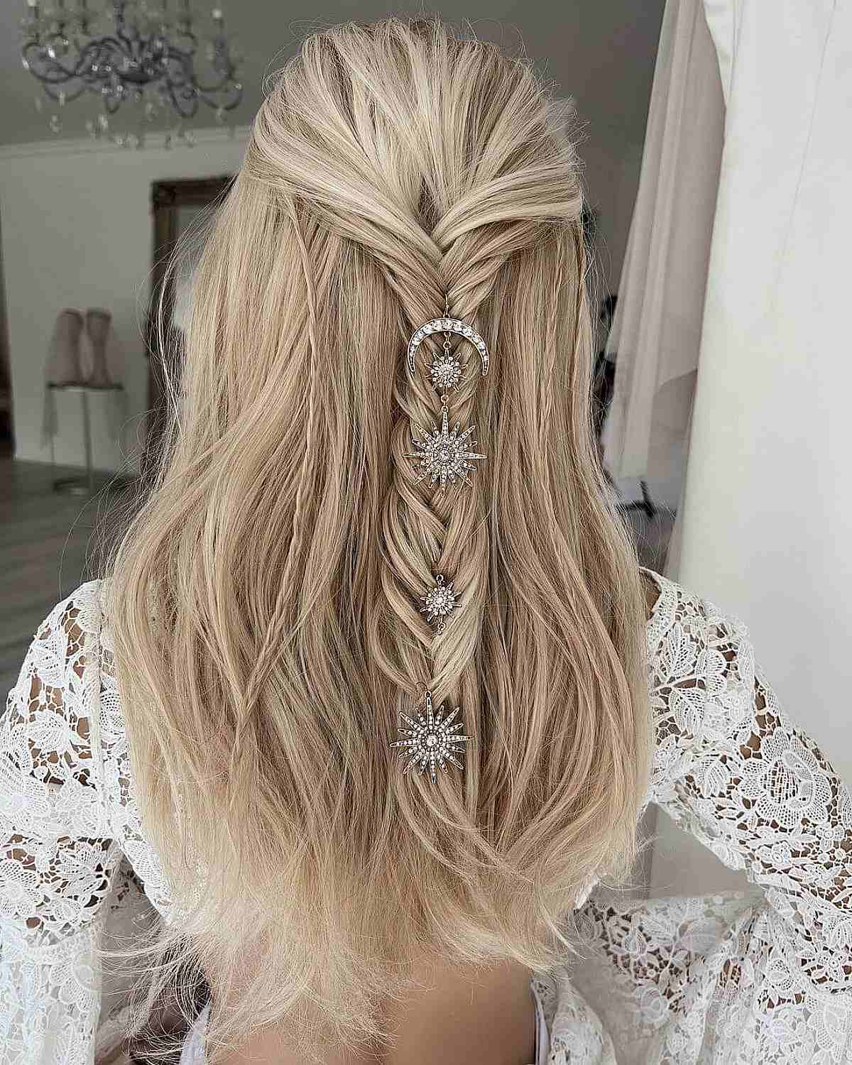 Long Gorgeous Creamy Blonde Boho Style for a Wedding