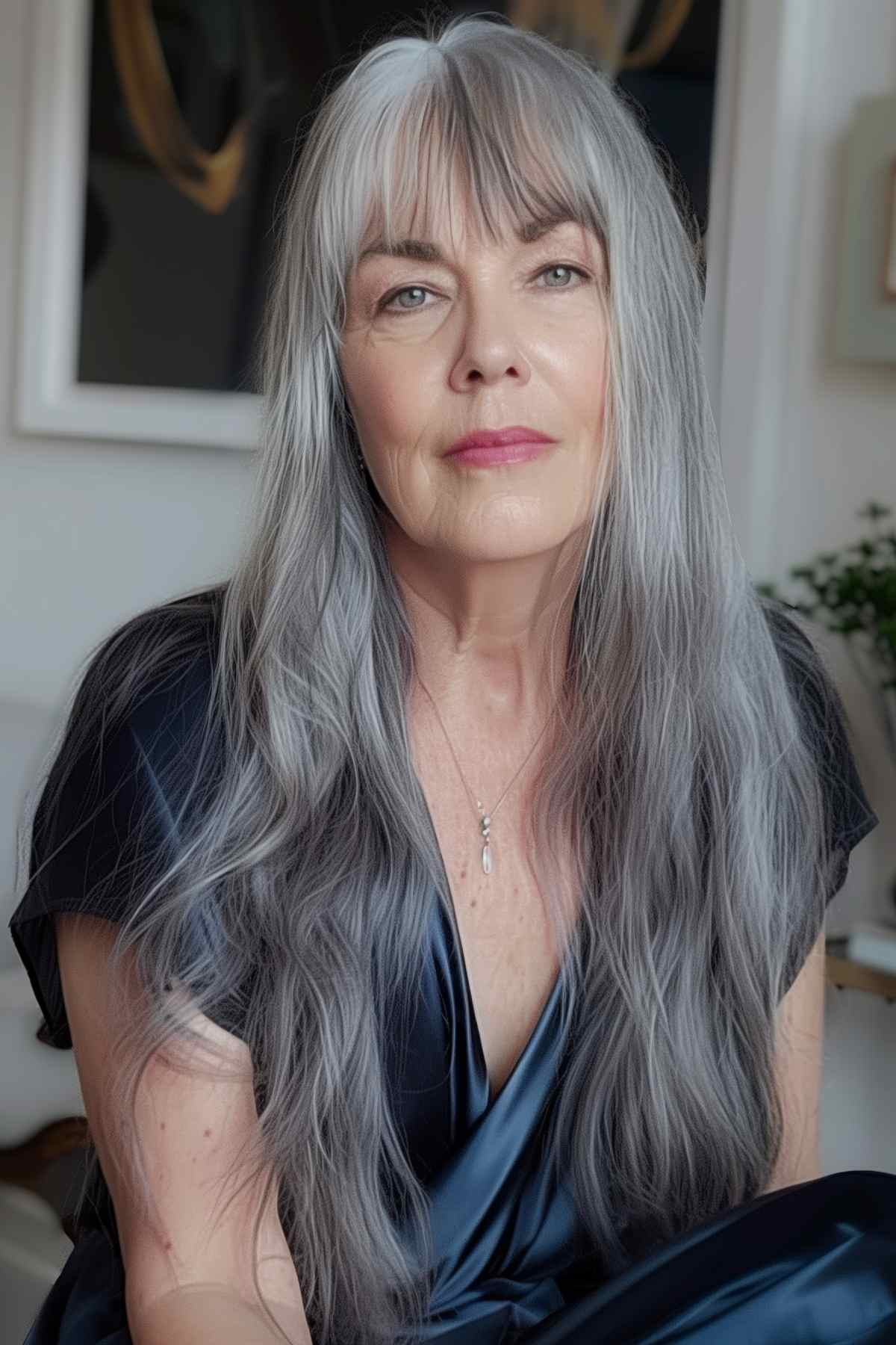 Mature woman with long wavy gray hair and straight bangs, dressed in a navy blue silk dress.