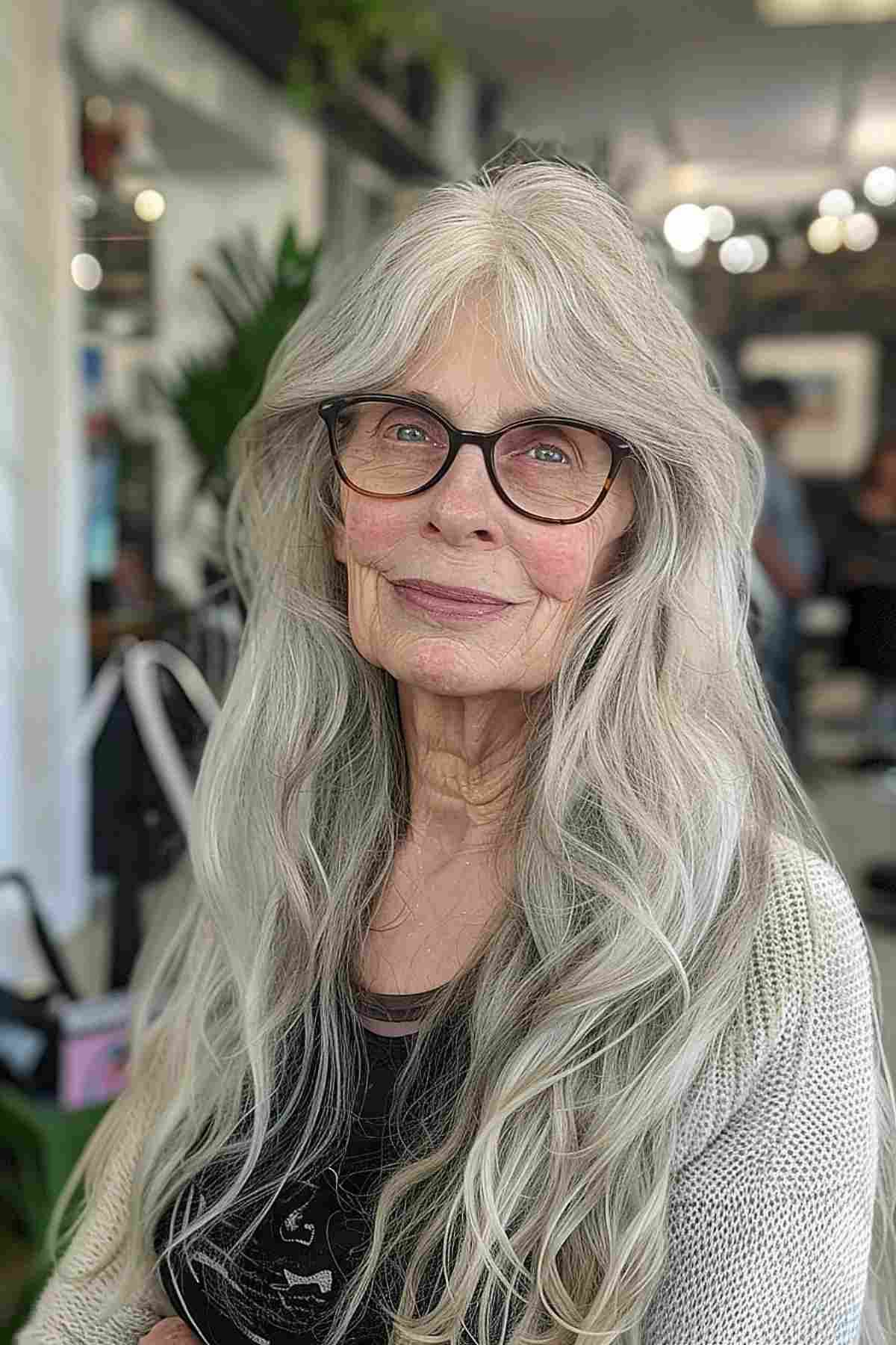 Older woman with long gray layers and long bangs