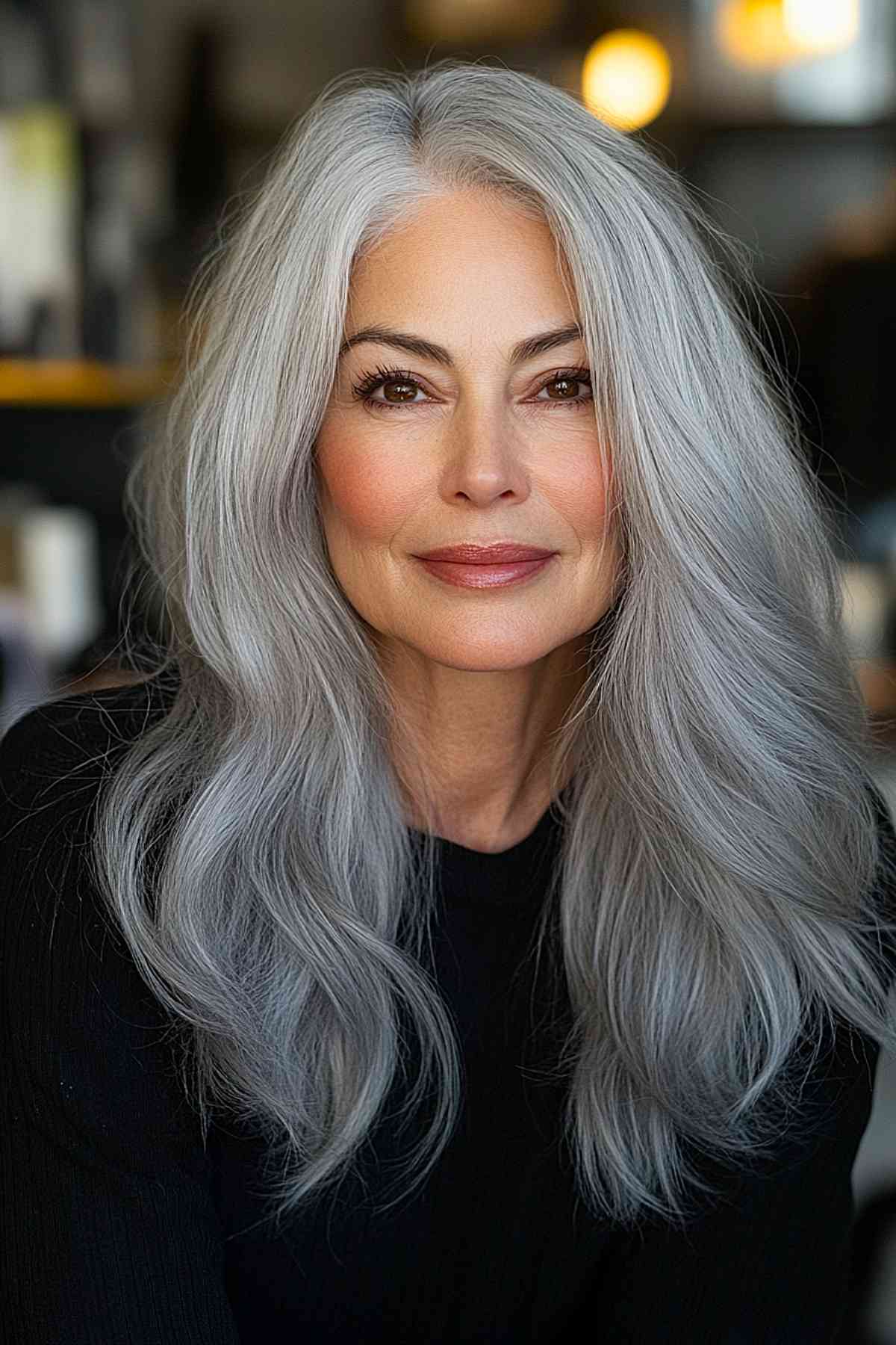 Elegant long grey hairstyle for older women with thick hair