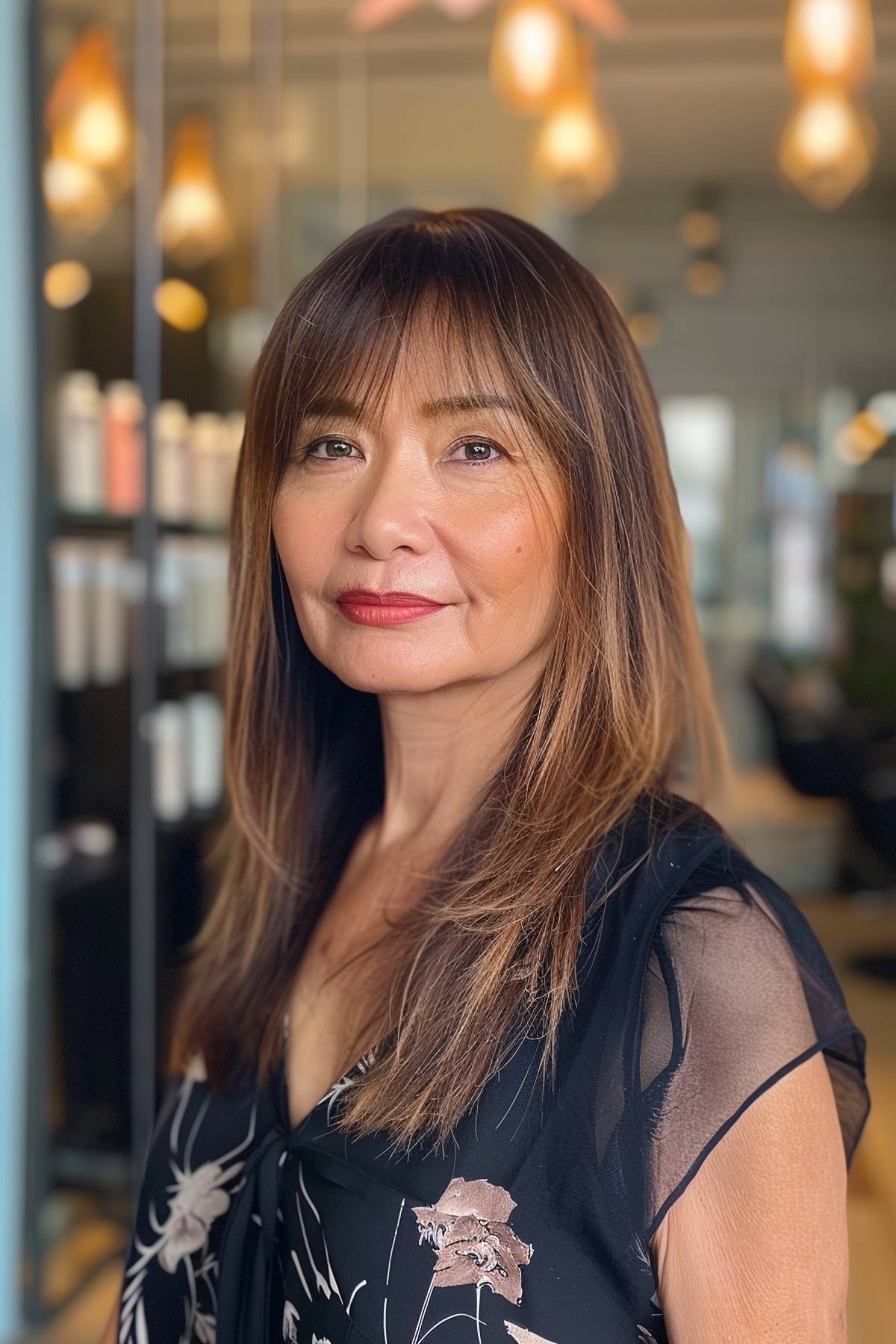 Asian long hairstyle for women over 50 with bangs