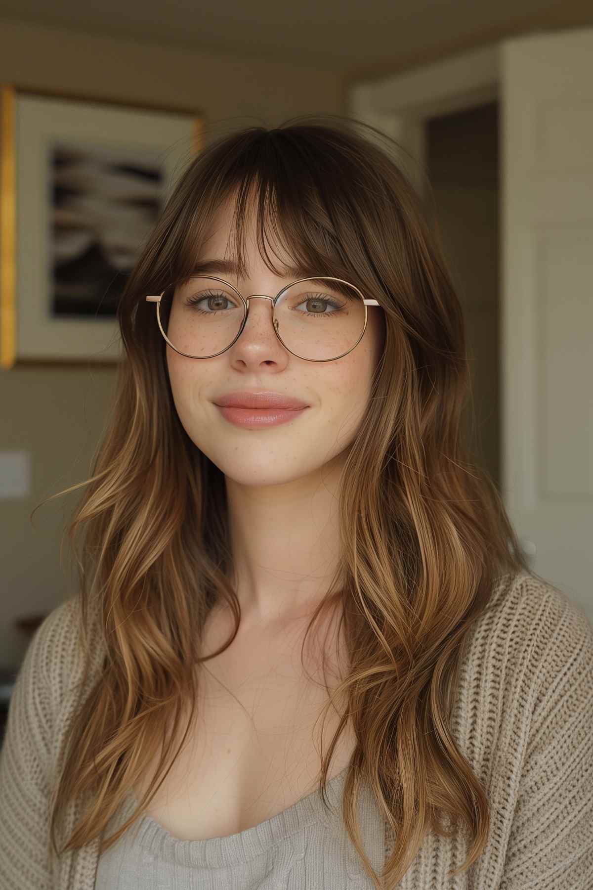 Woman with long layered hair, soft bangs, and glasses