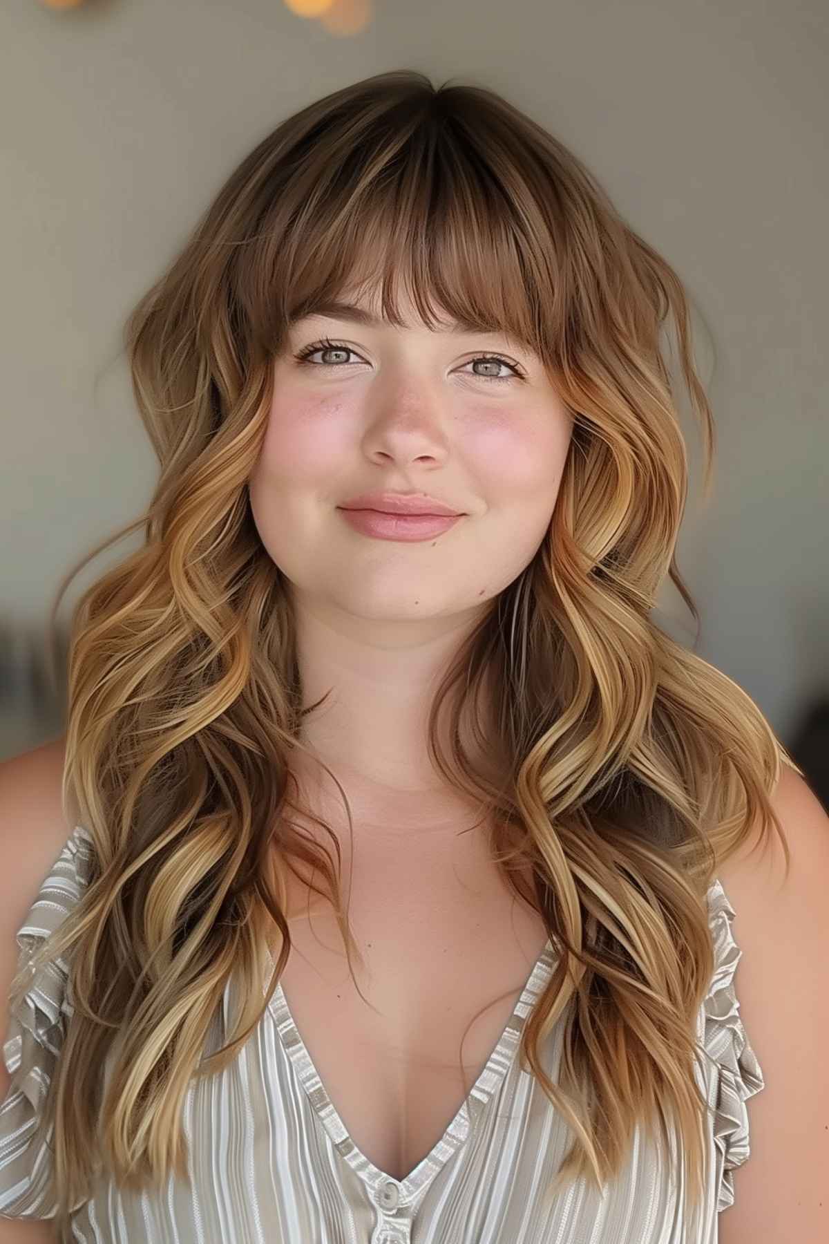 Plus size woman with long hair, soft bangs, and flowing waves