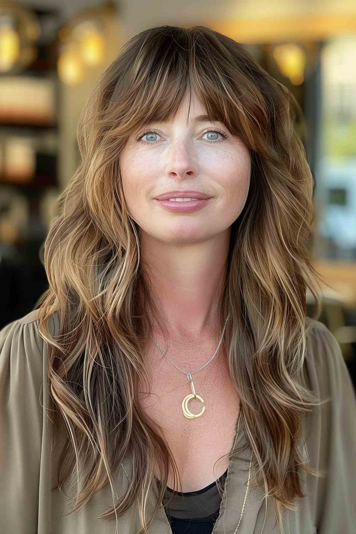 Woman over 40 with long layered hair and soft bangs