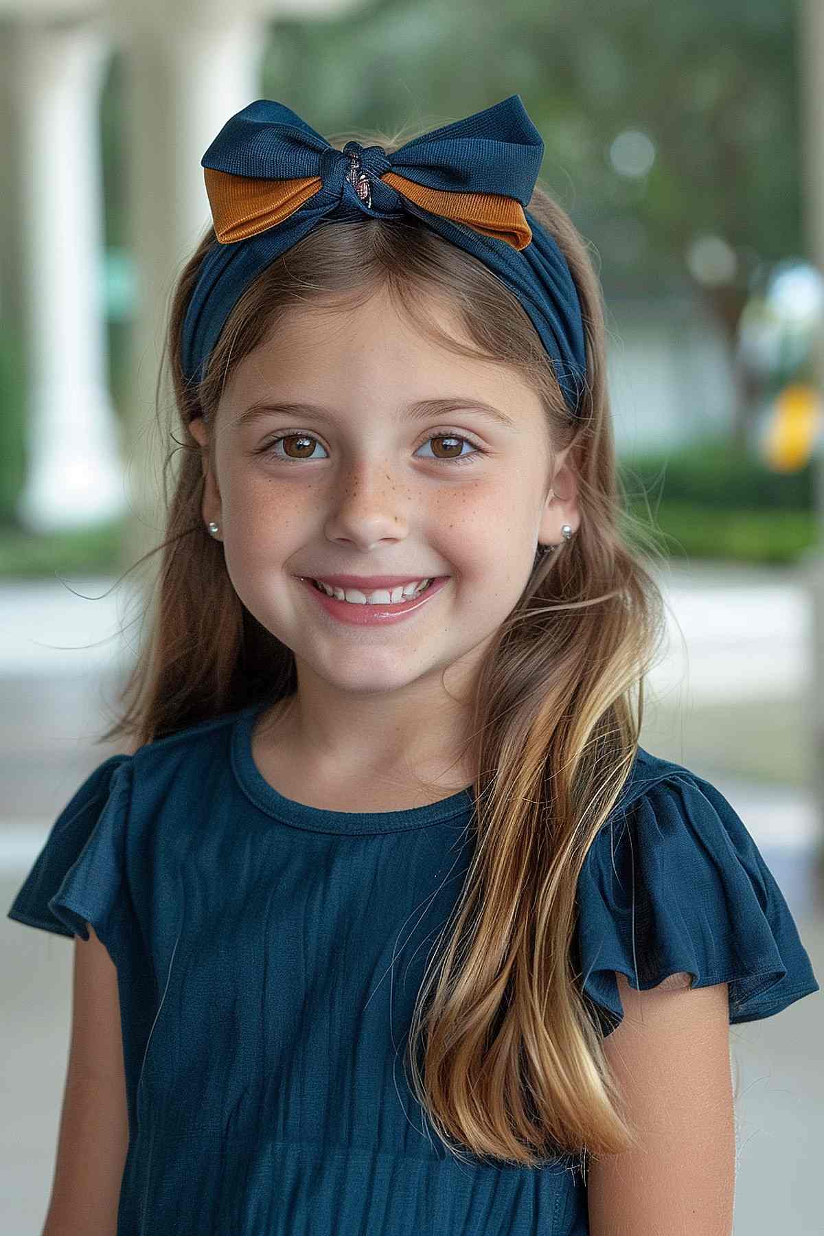 Young girl with long hair and a bow headband