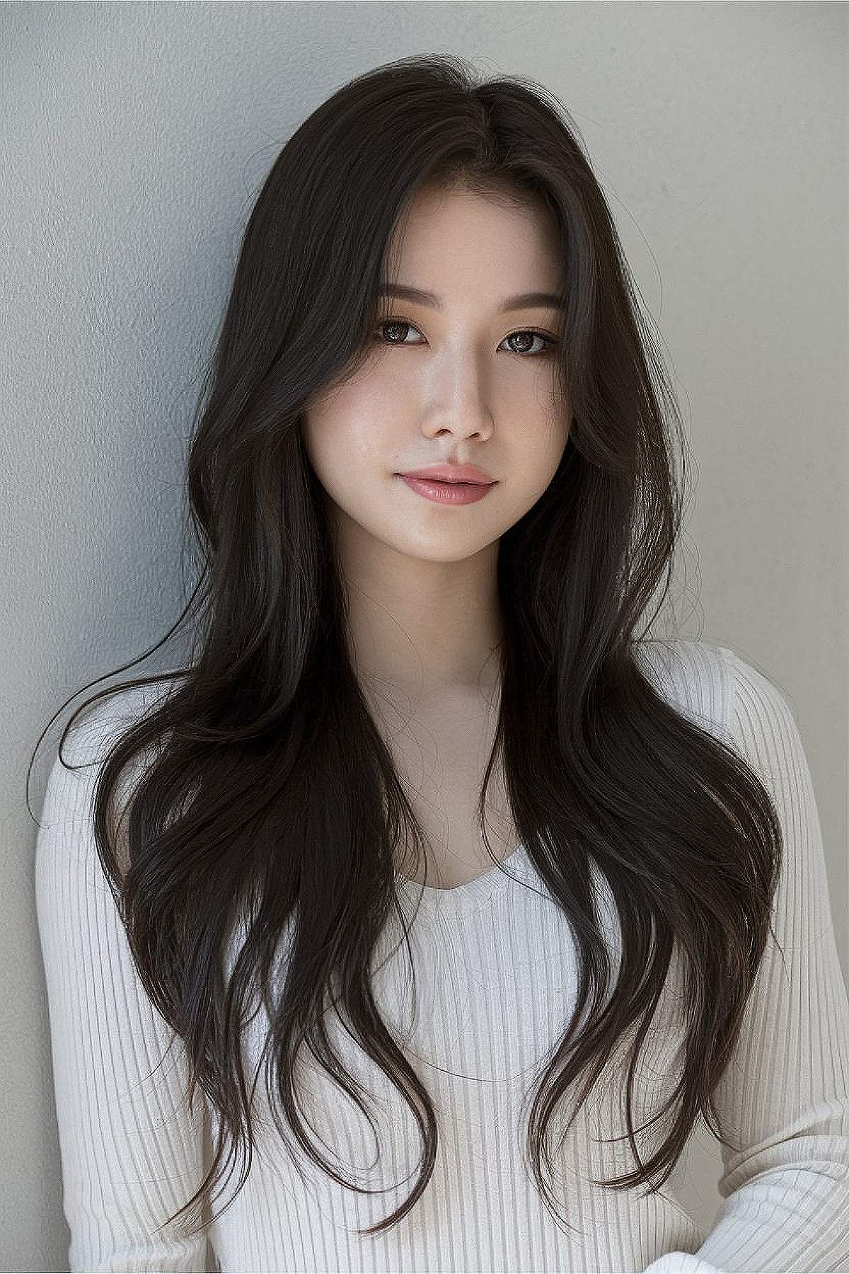 long hair styled with a classic middle part for asian women