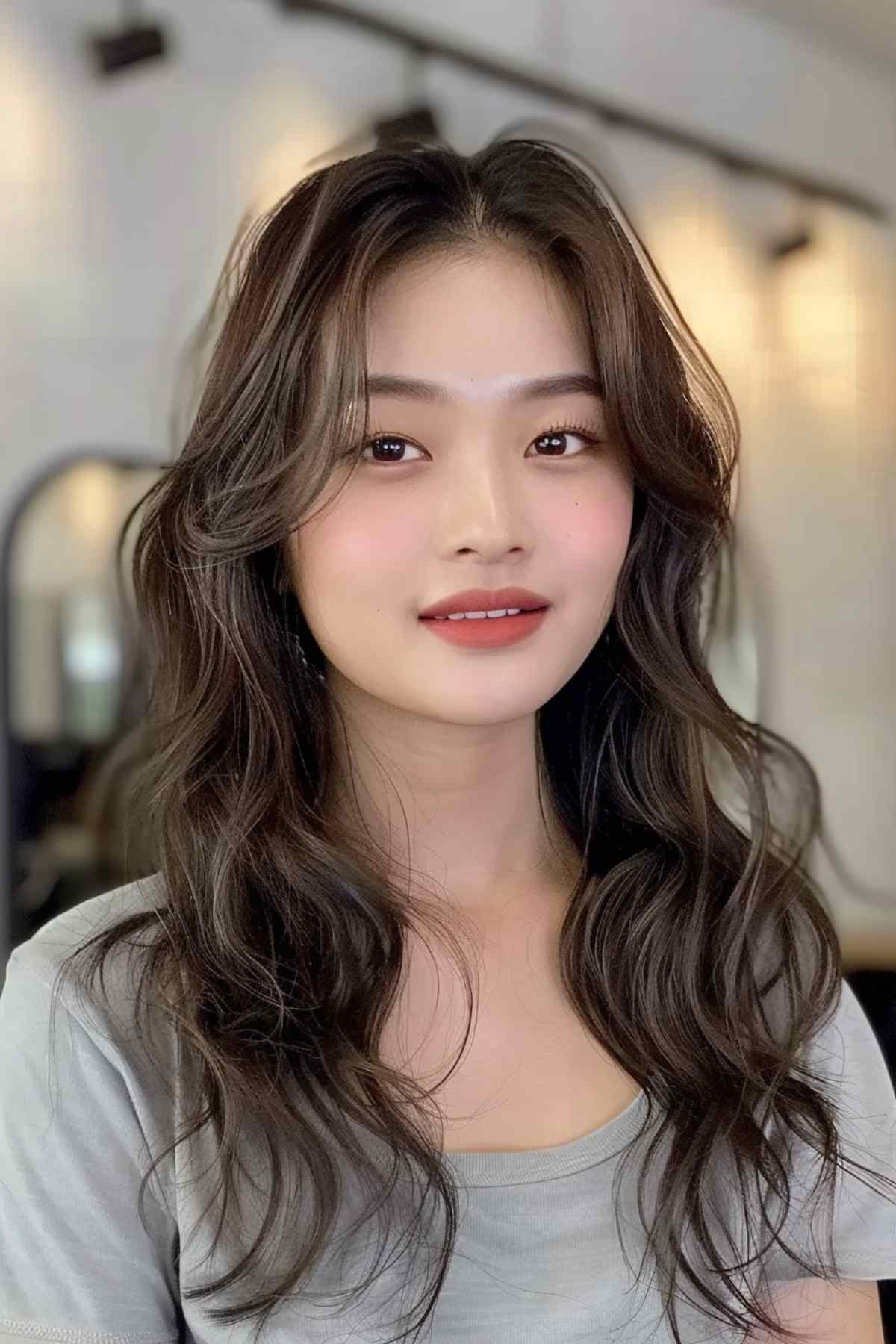 Long hair styled with soft curls for asian women