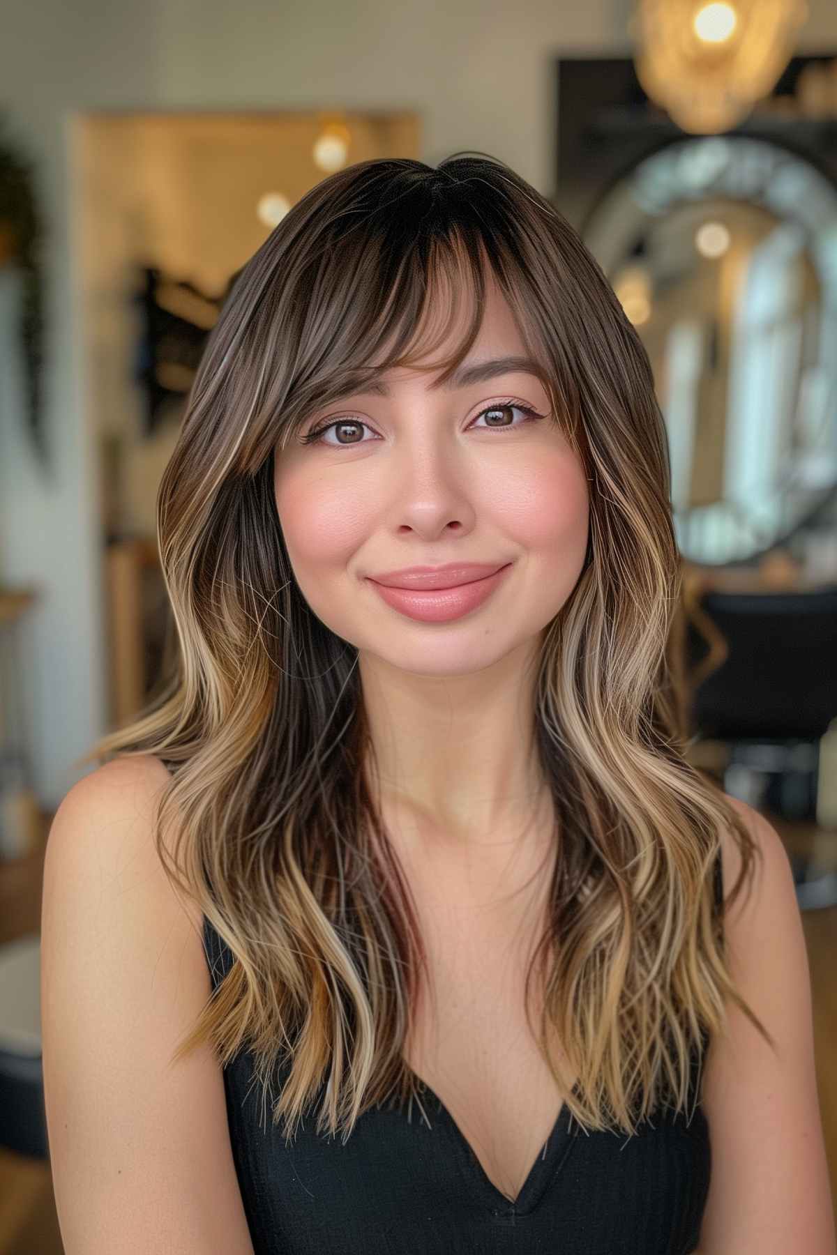 Woman with long hair, wispy bangs, and blonde balayage