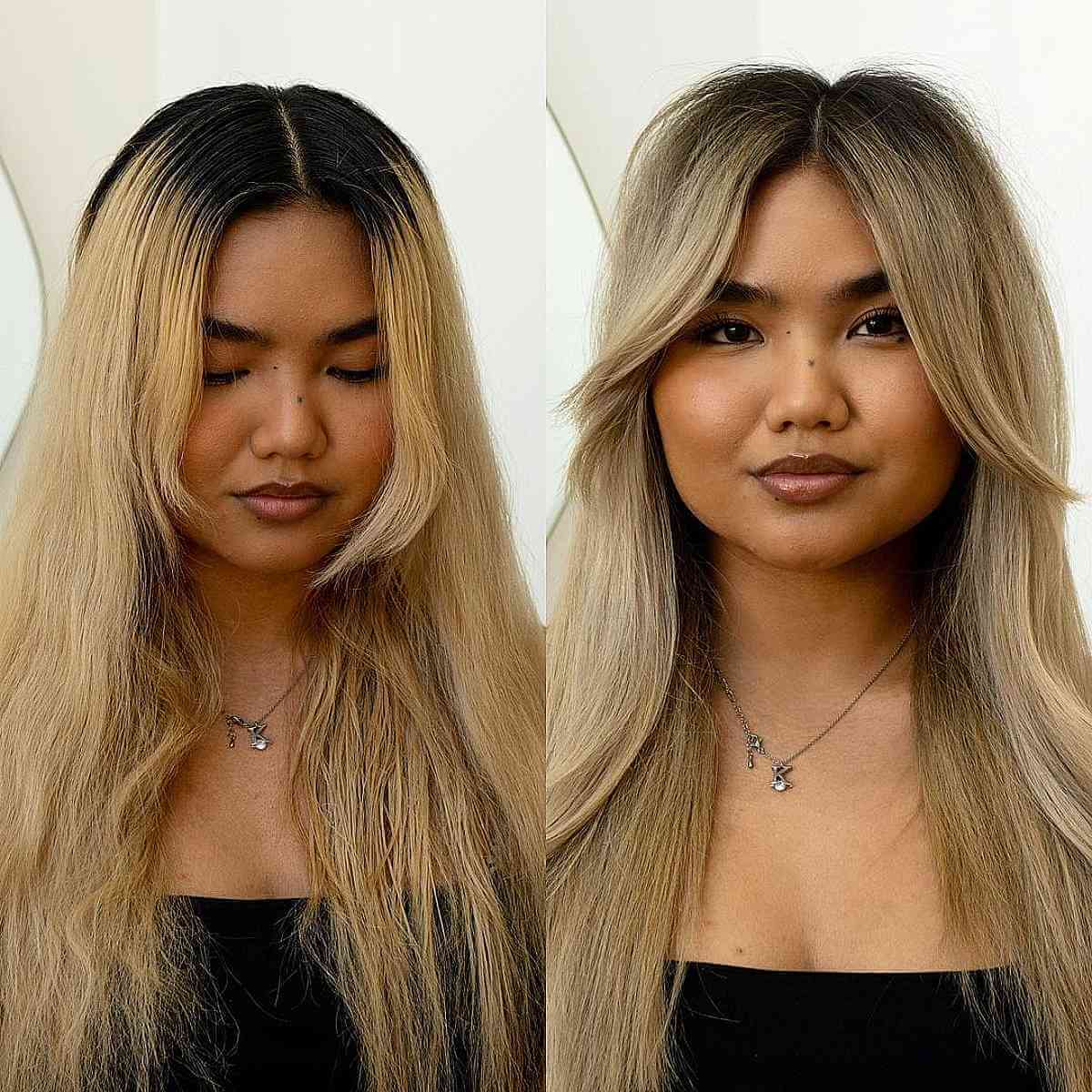Long Hair with Curtain Bangs and Dark Roots for Round Face Shapes