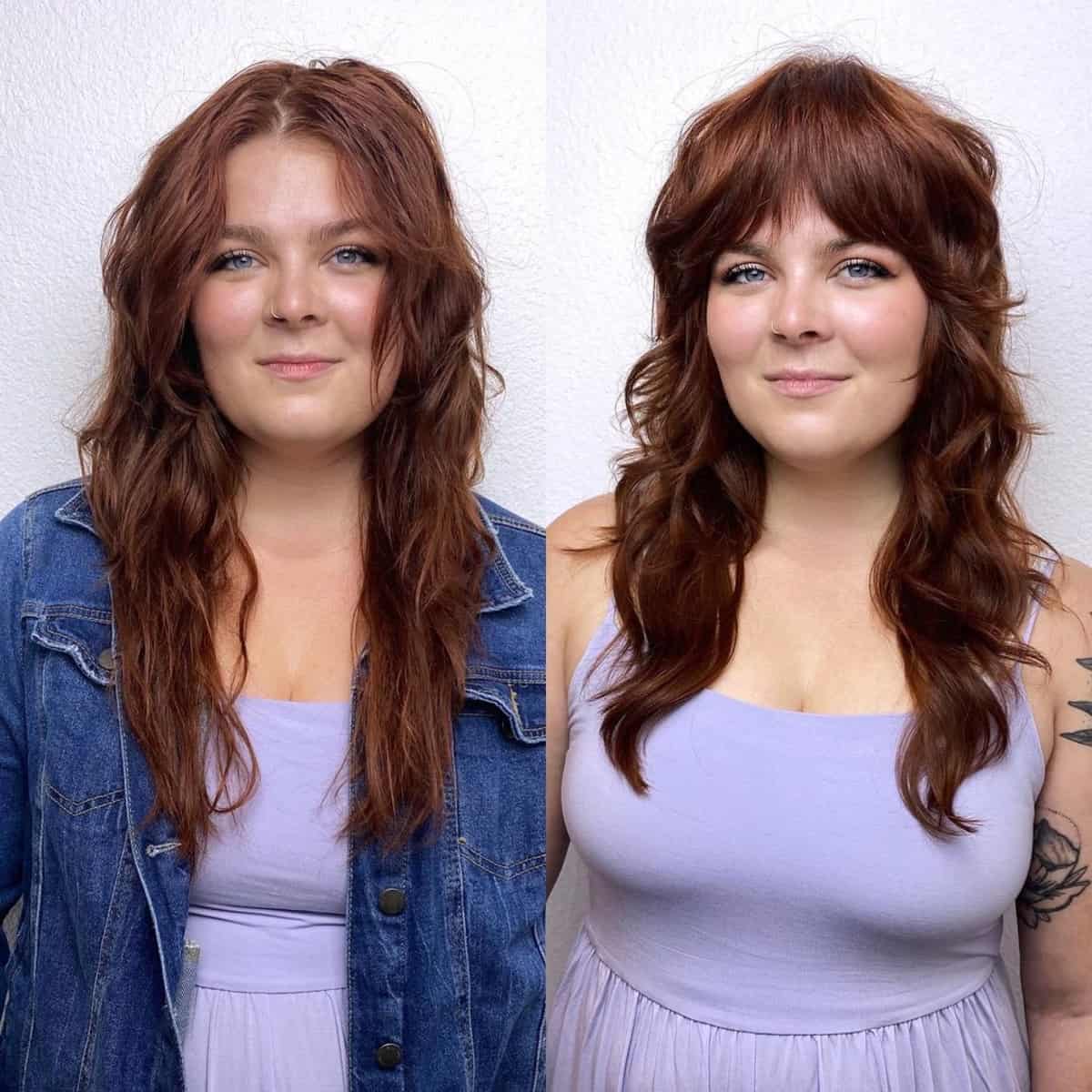 Long hair with face-framing bangs for round faces