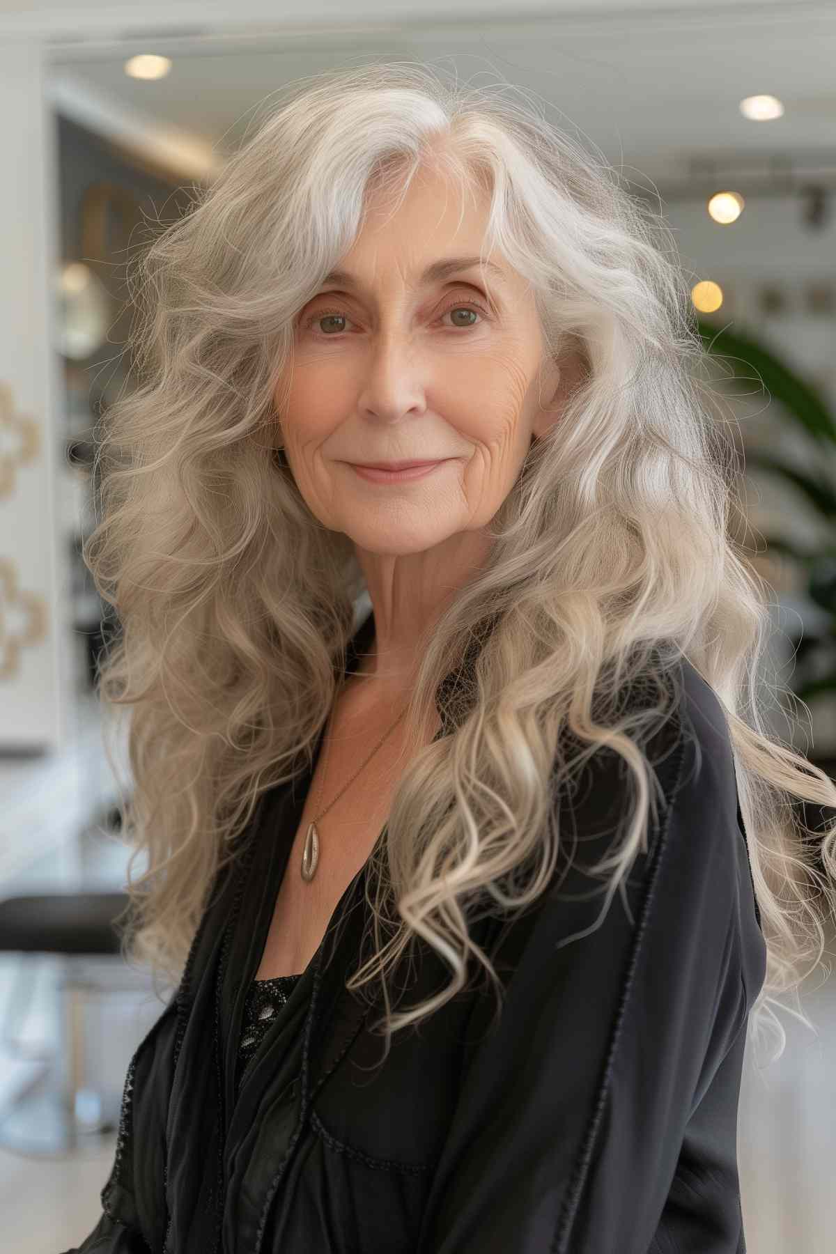 Older woman with long wavy hair and side-swept bangs