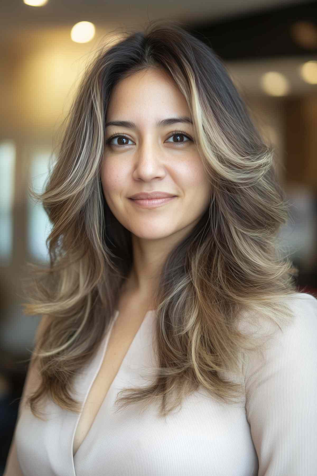 Long hair with choppy short layers and face-framing highlights