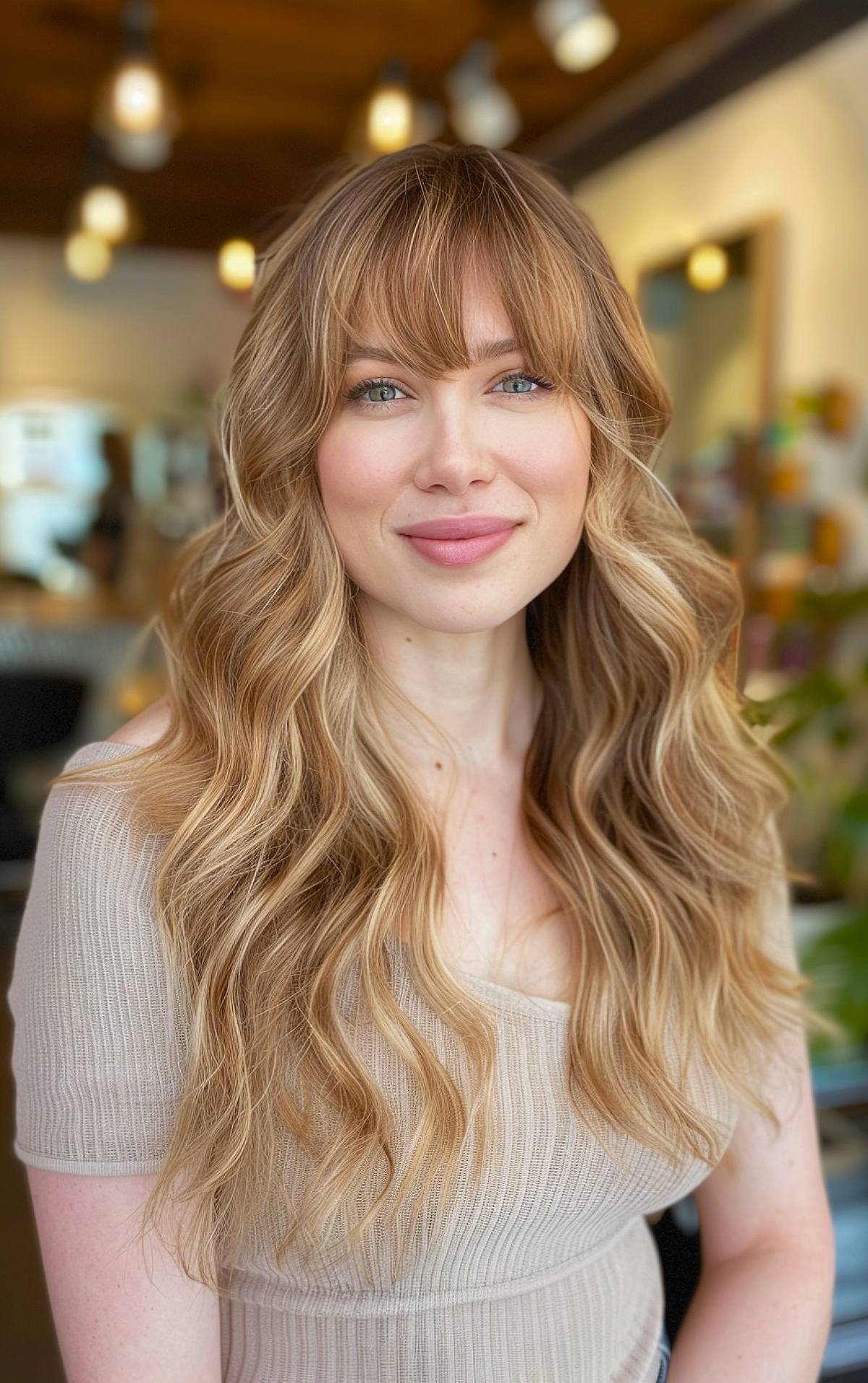 Long wavy hairstyle with curtain bangs for thick hair