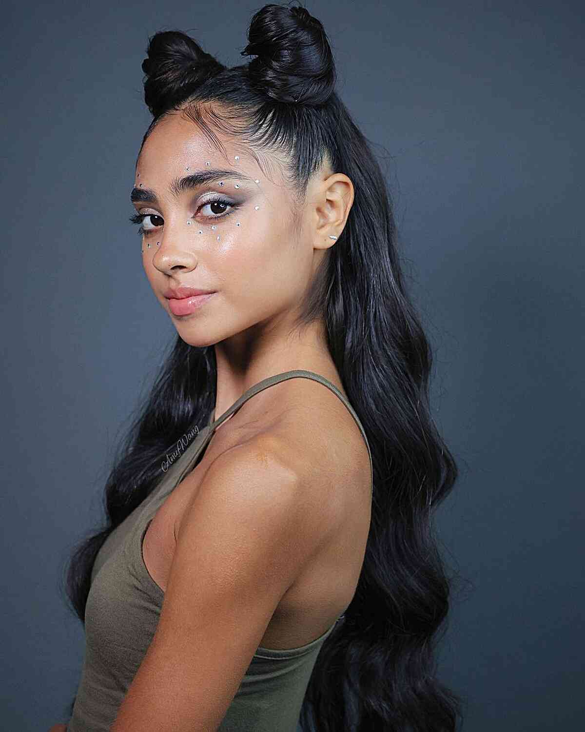 Long Half-Up Hair with Top Buns 90s Hairstyle