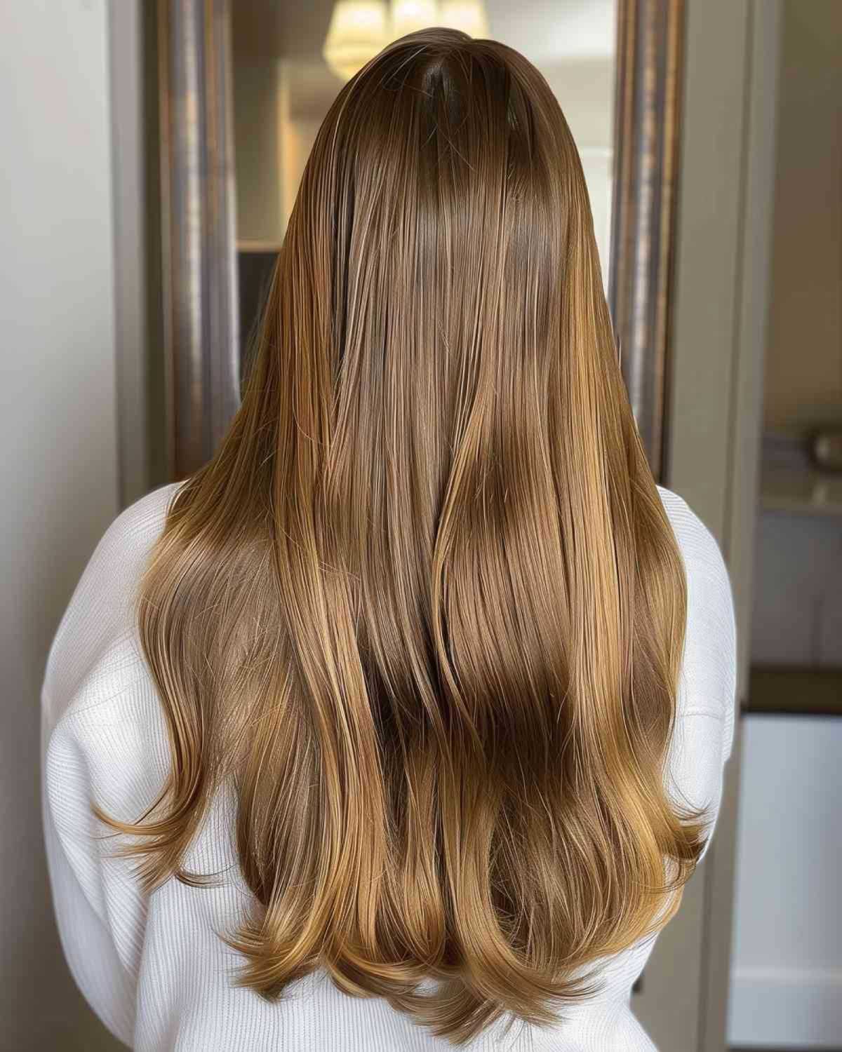 Long honey brown hair with sun-kissed highlights and soft waves