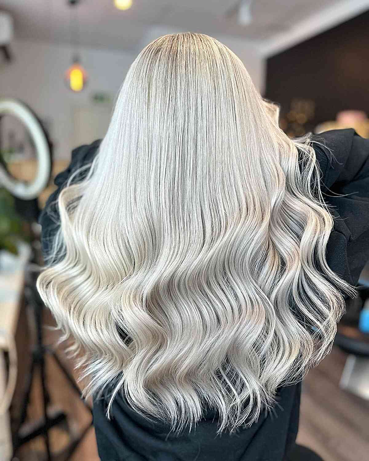 Long Icy Platinum Wavy Hair Color