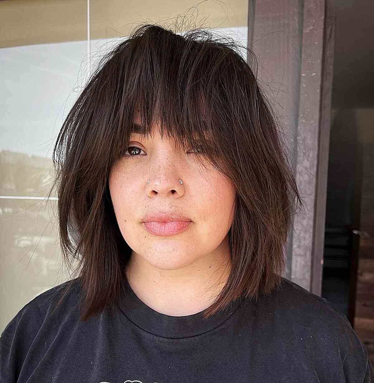 Long Inverted Bob with Shaggy Layers and Bangs