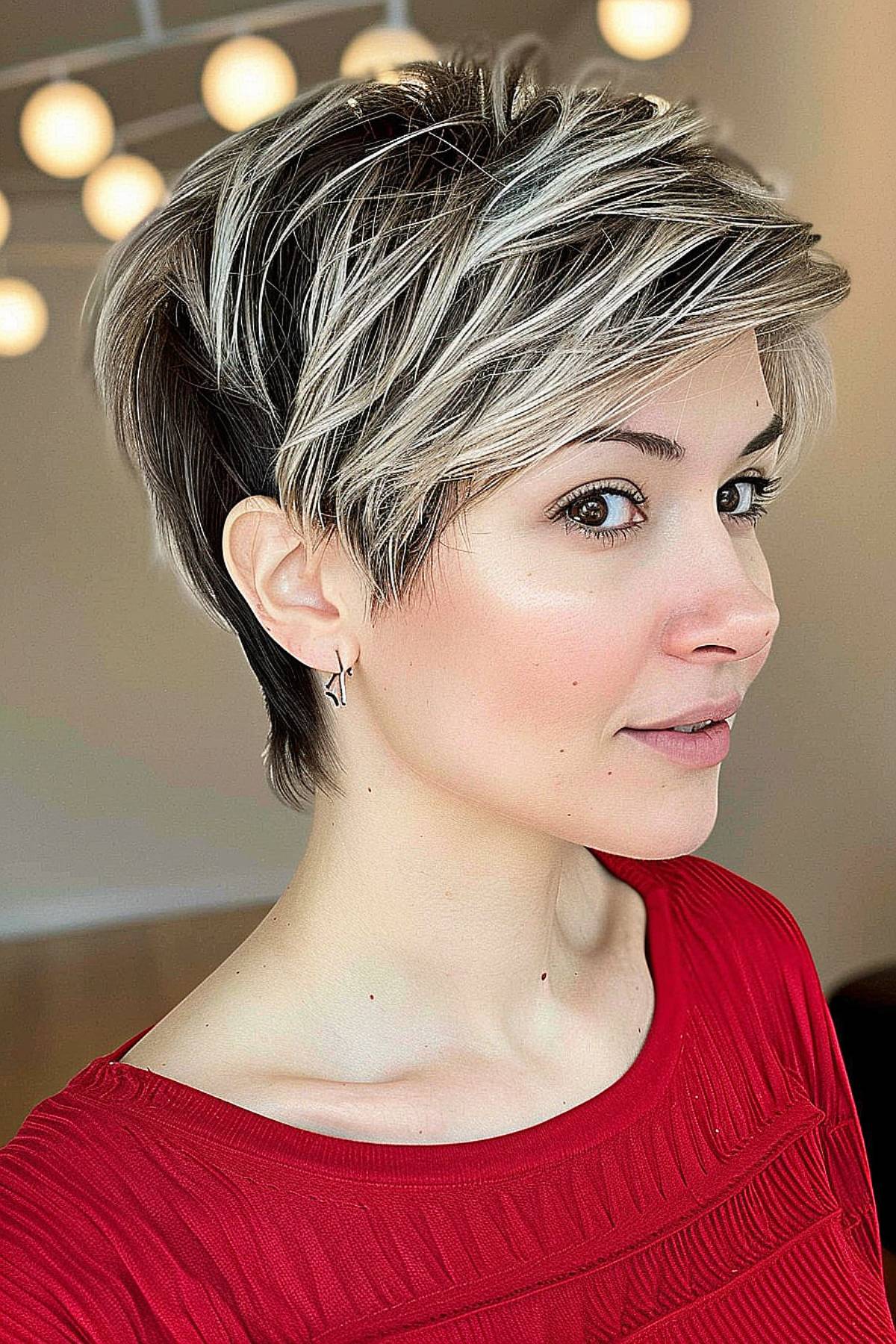 An elegant woman with long layers and an angled pixie cut, gently styled to flatter the face.