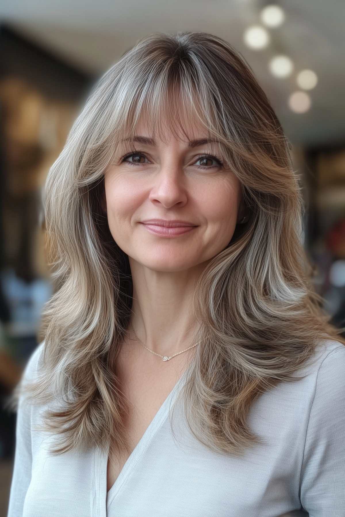 Long layered cut with wispy bangs for fine hair, enhanced with silver highlights