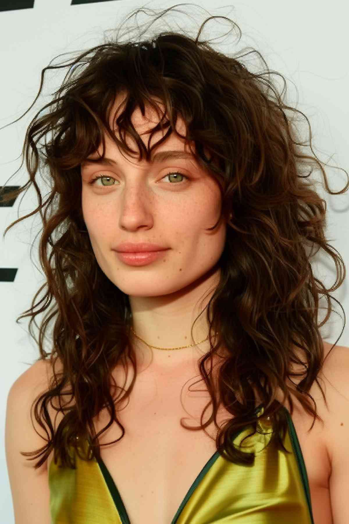 Long Curly Wavy Shag Hairstyle with Off-Center Part and Layered Bangs