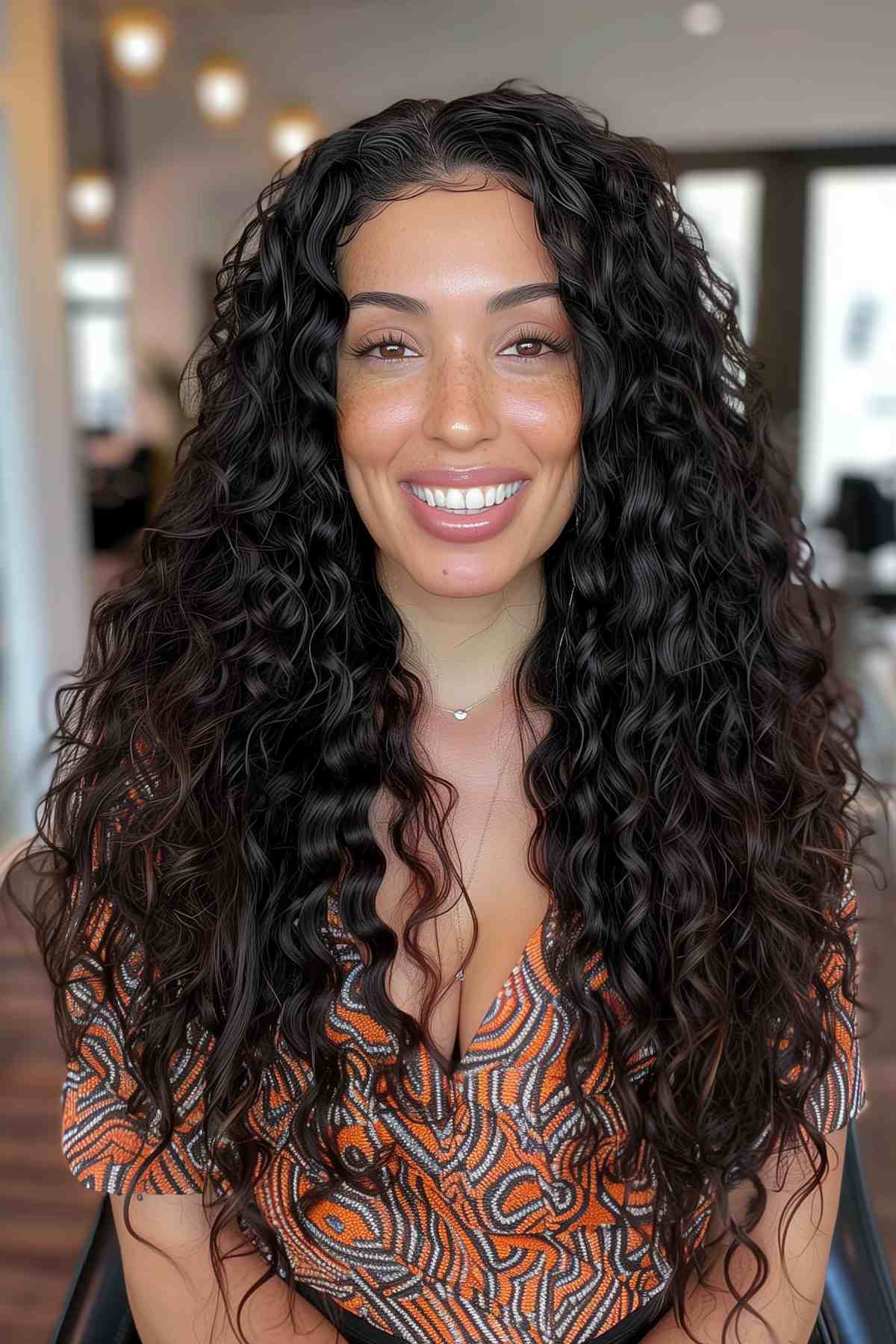 Woman with a long layered cut for natural curly hair