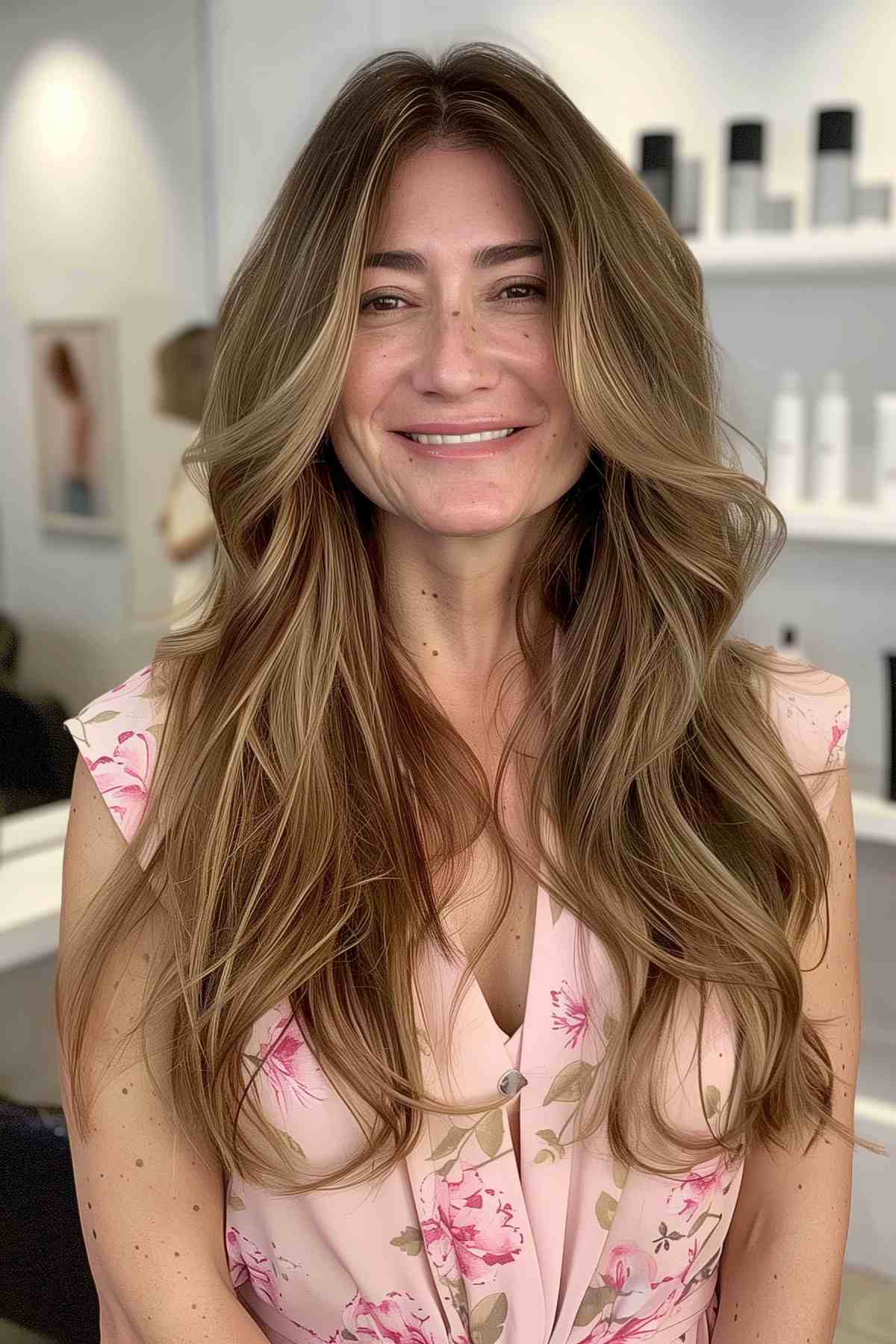 Woman over 50 with long layered haircut and soft waves