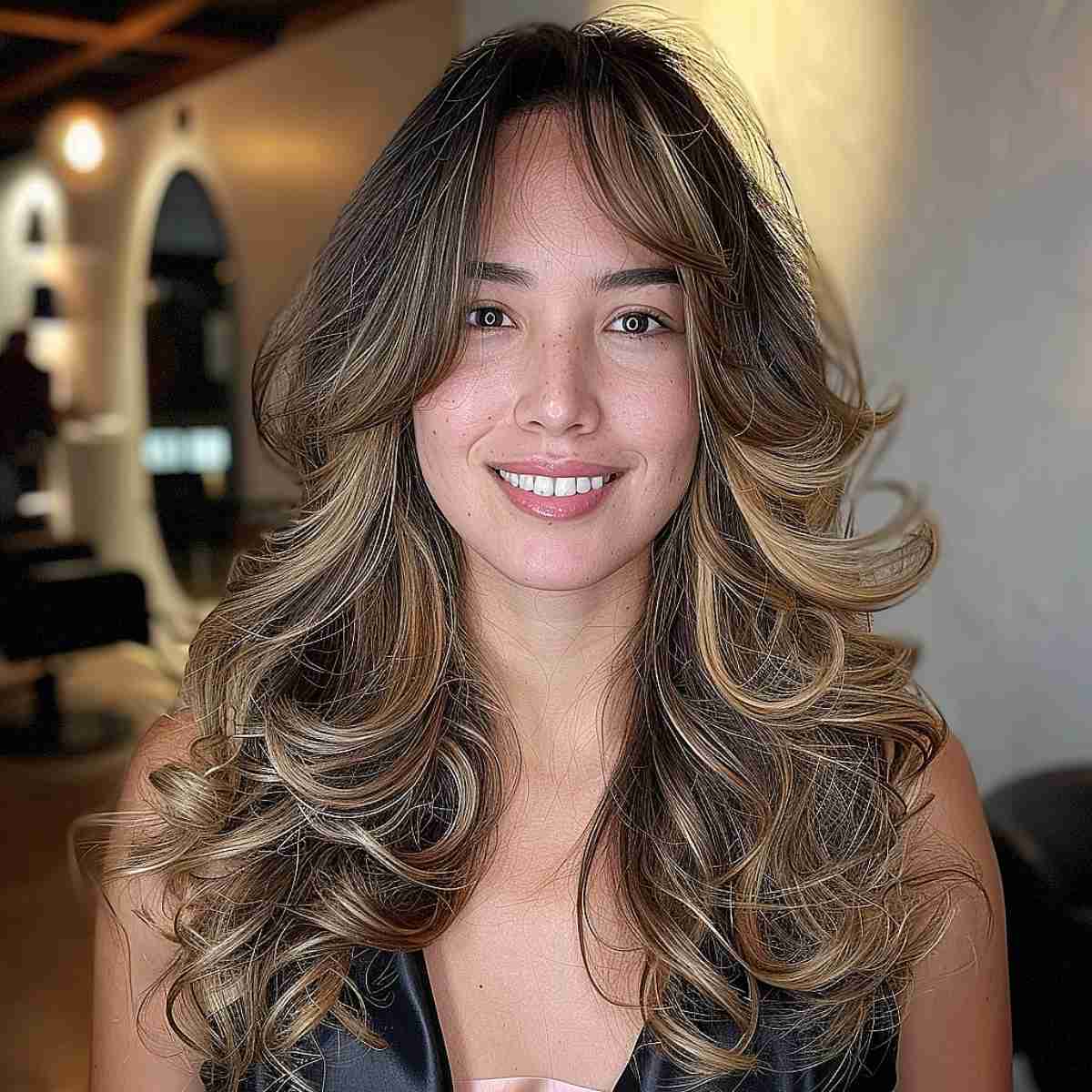 long layered cut with curls for oval face shape