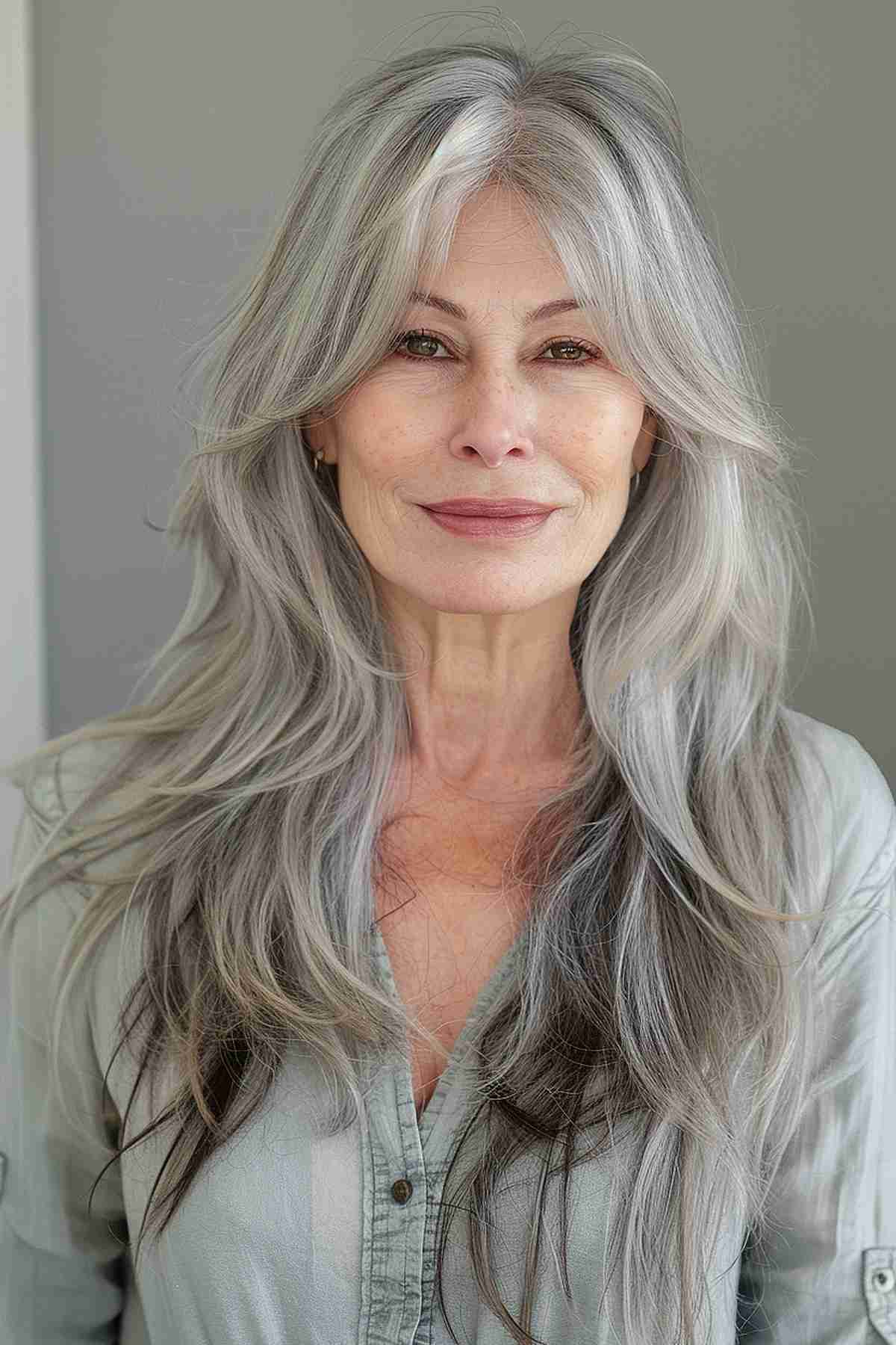 Woman with long, layered gray hair and a curtain fringe, styled for sophistication.