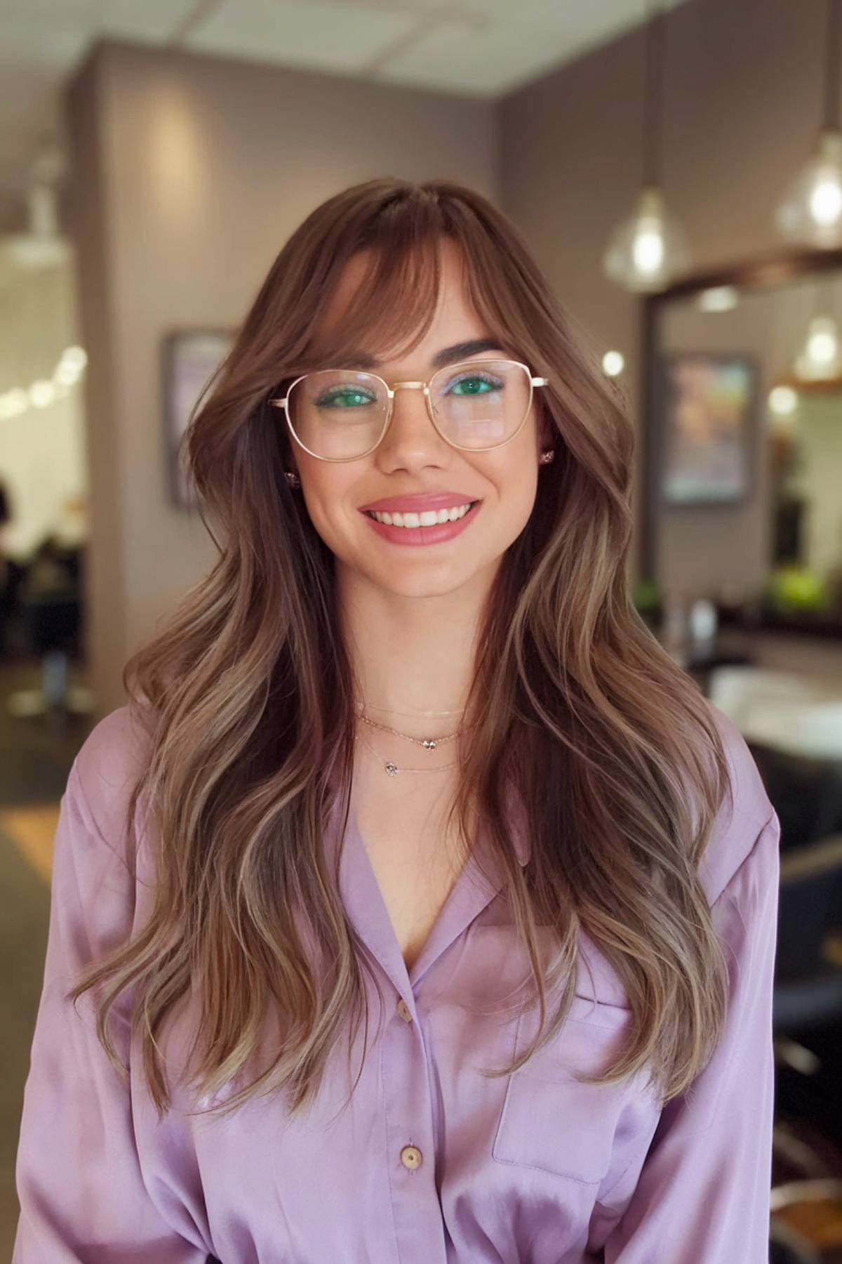 Long layered haircut with side bangs, styled for a balanced look with glasses