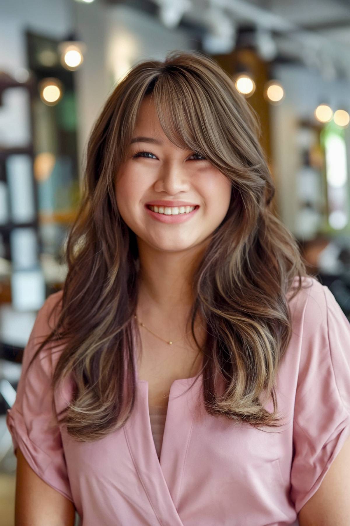 Long layered haircut with side bangs, designed to slim round faces and add soft framing layers