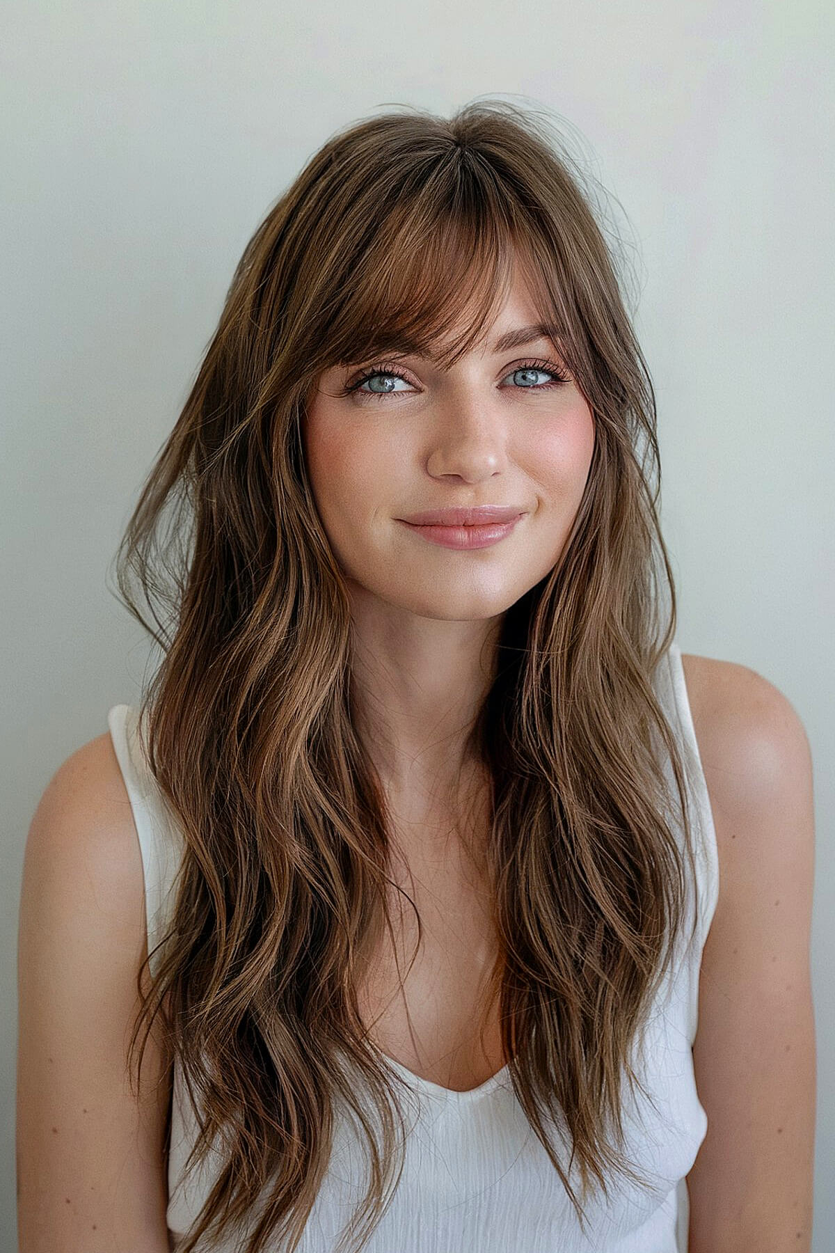 Long layered hair with side-parted curtain bangs